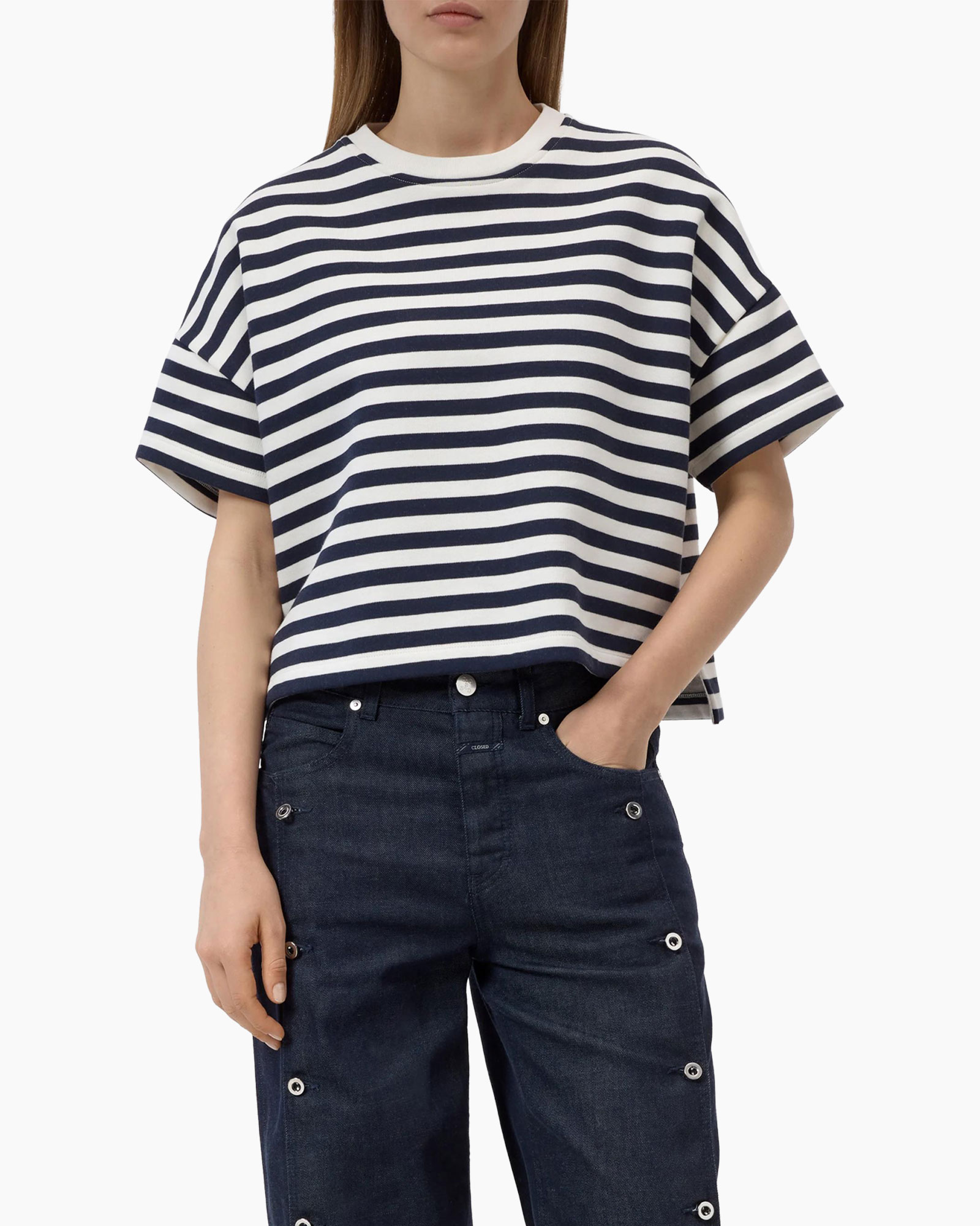 striped top, short sleeve, crew neck, navy white, tunic-fit