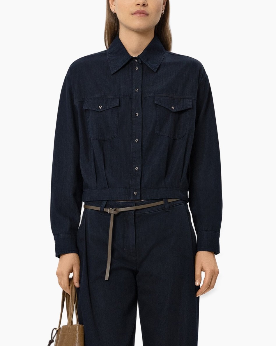 denim shirt, button-down, collar, long sleeves, belted