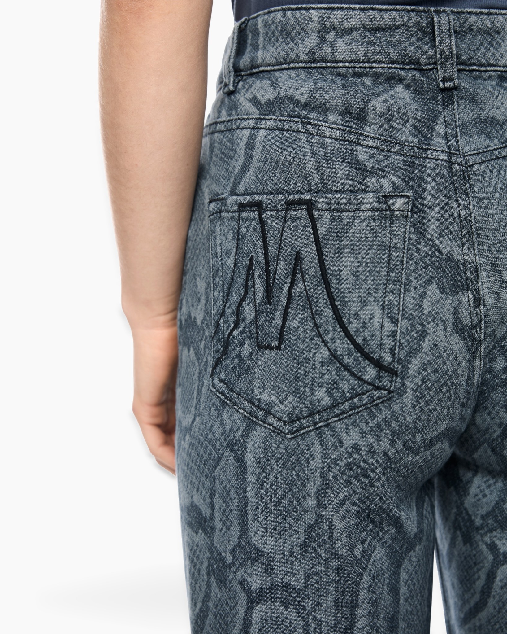 denim, jeans, back pocket, snake pattern, stonewashed, denim, jeans, snake print, back pocket, stitching