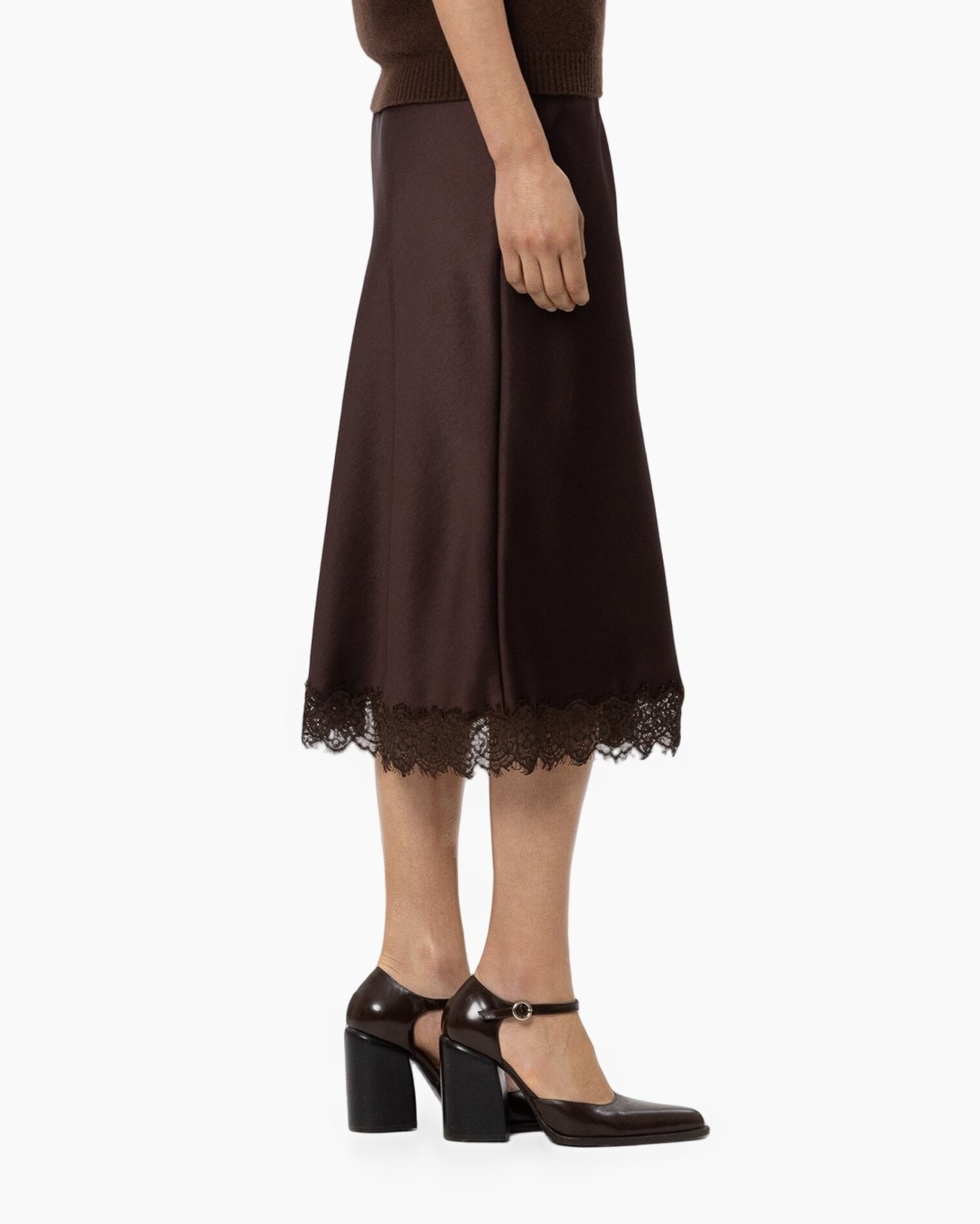 brown skirt, satin fabric, lace hem, mid length, heels