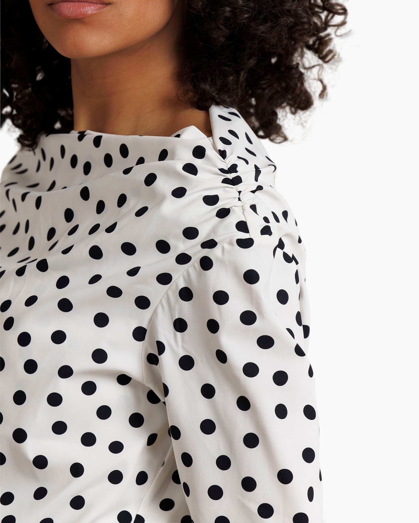 polka dot, white blouse, three-quarter sleeves, boat neck, black pants