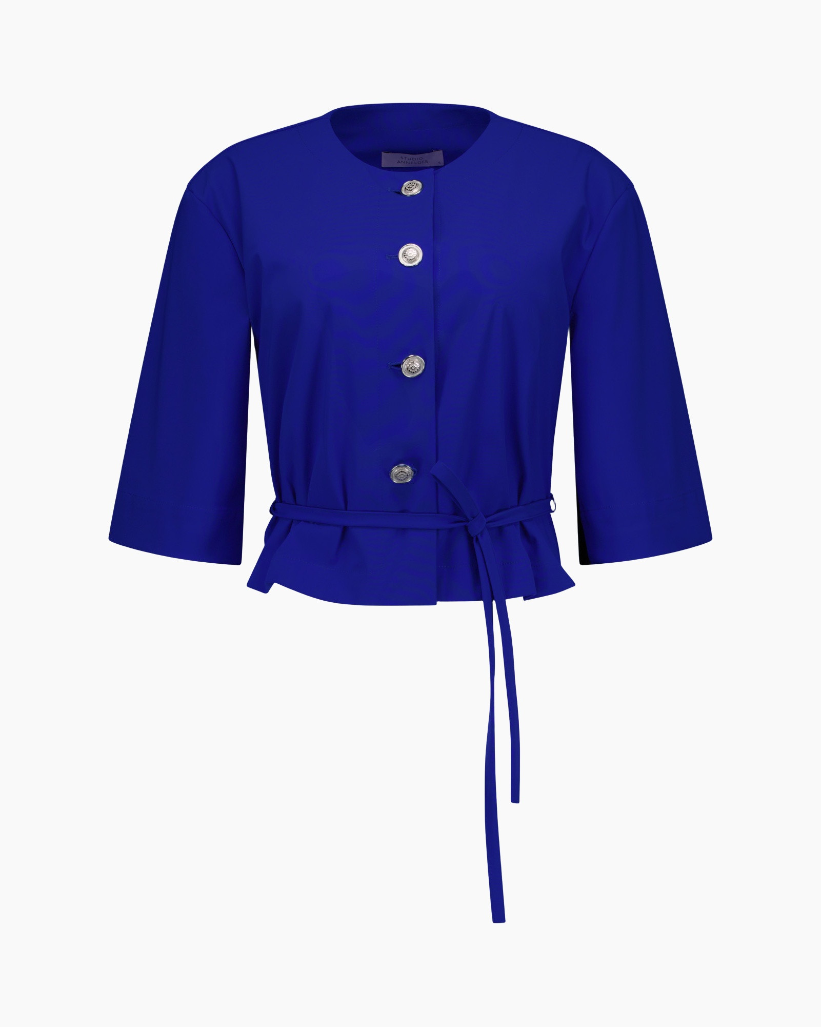 blouse, bright blue, buttons, belt, short sleeves