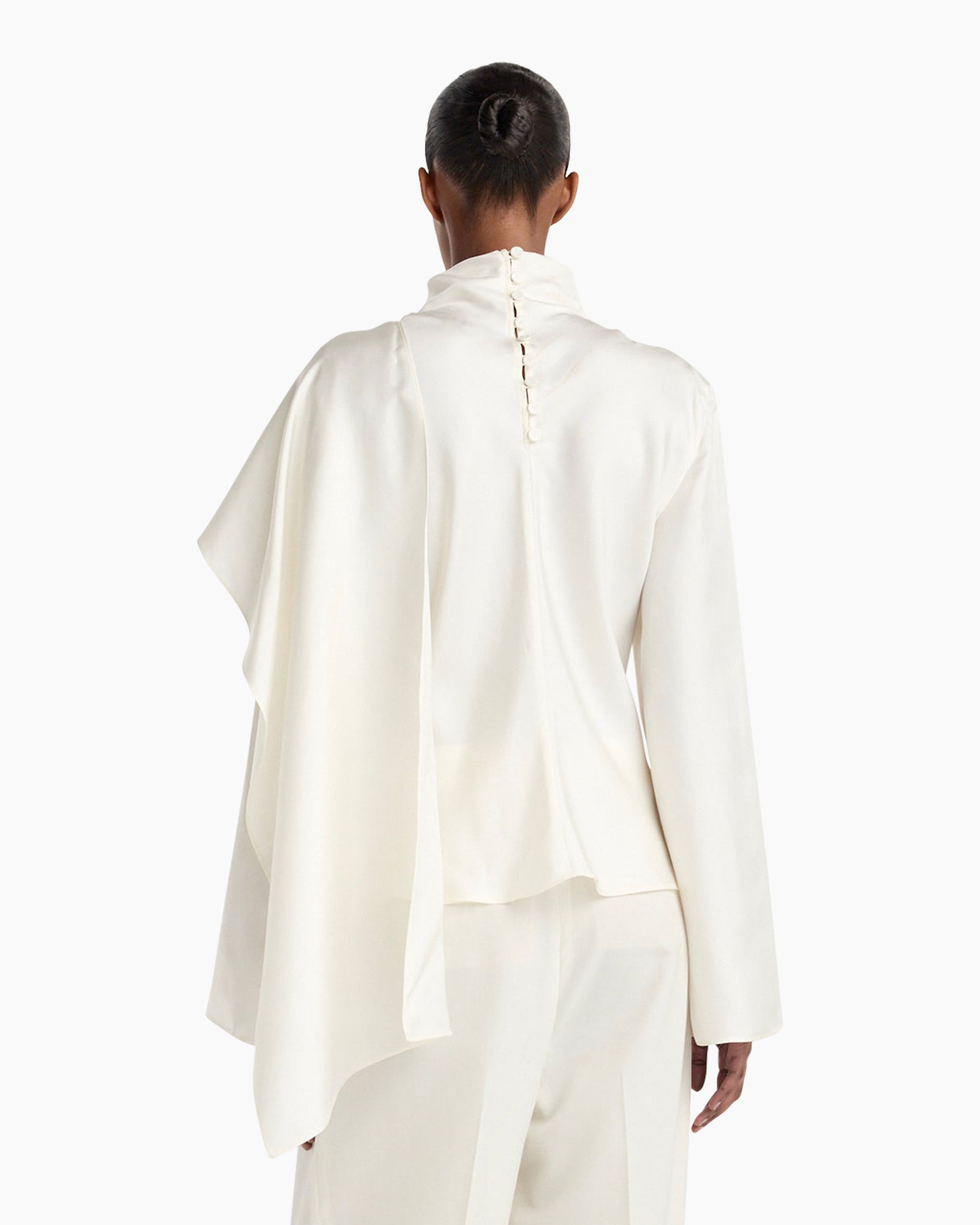 crepe top, asymmetric top, long sleeve, high neck, cream color