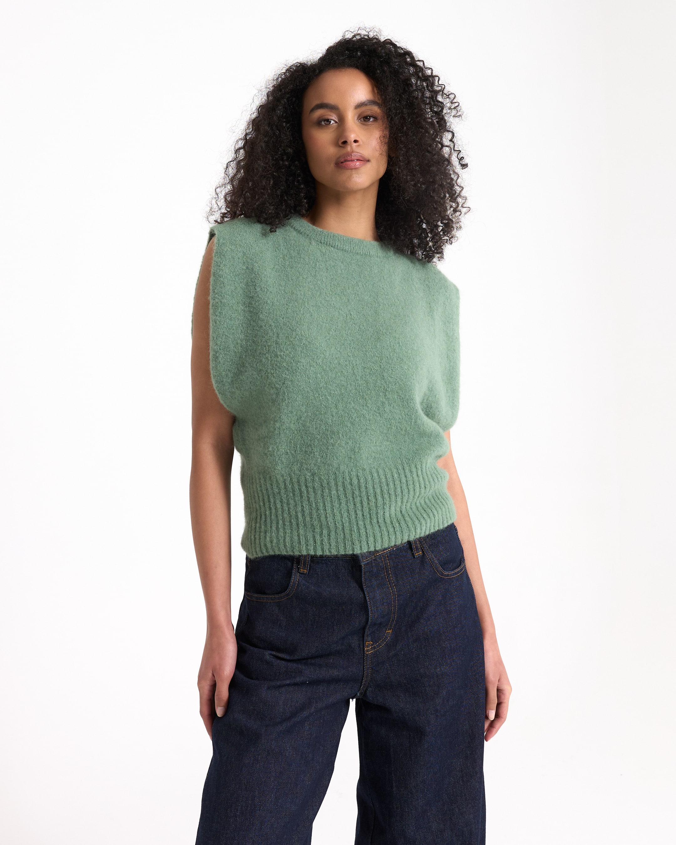sleeveless sweater, green knit, pullover, ribbed hem, tank top alternative