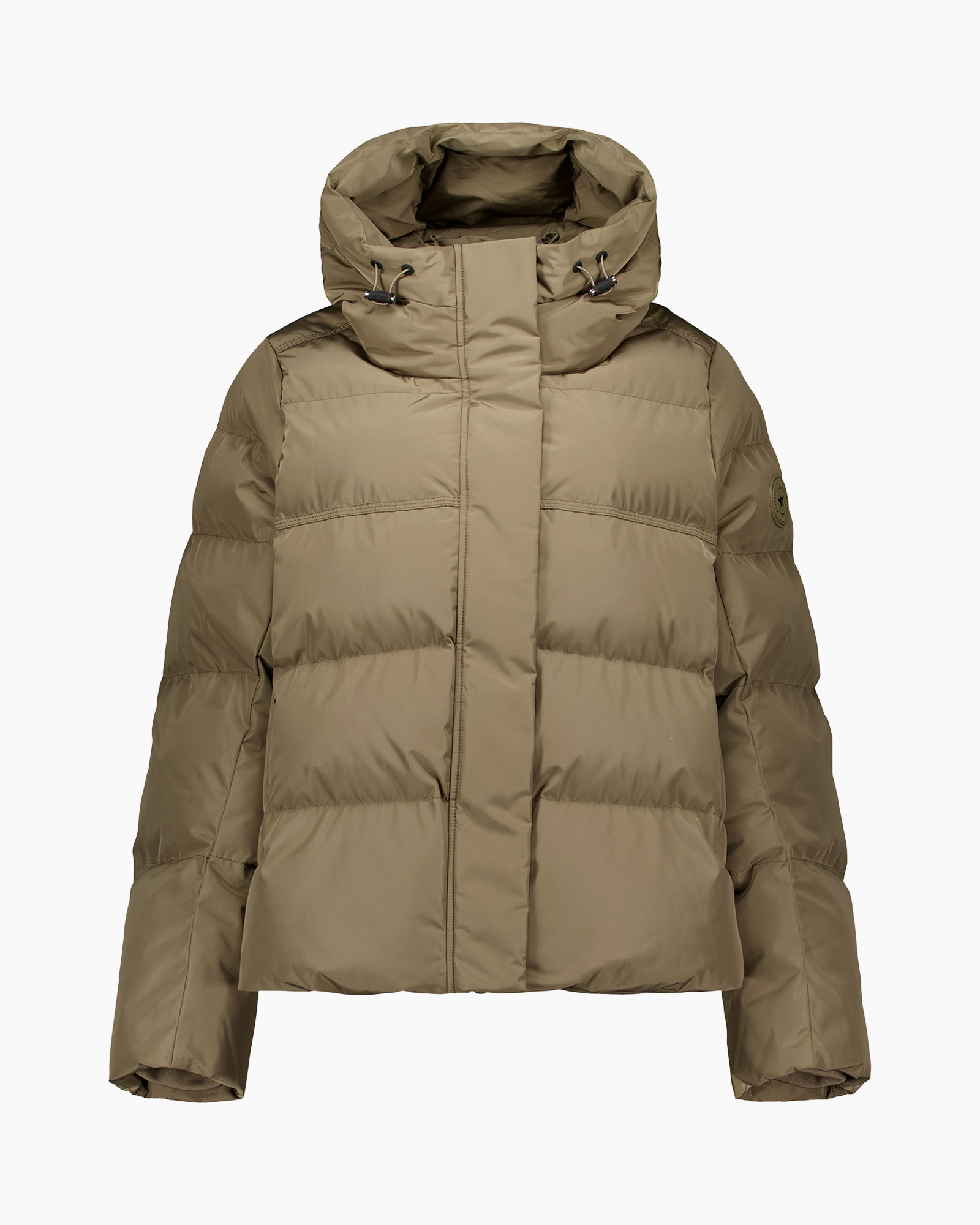 puffer jacket, camel color, hooded, down fill, quilted