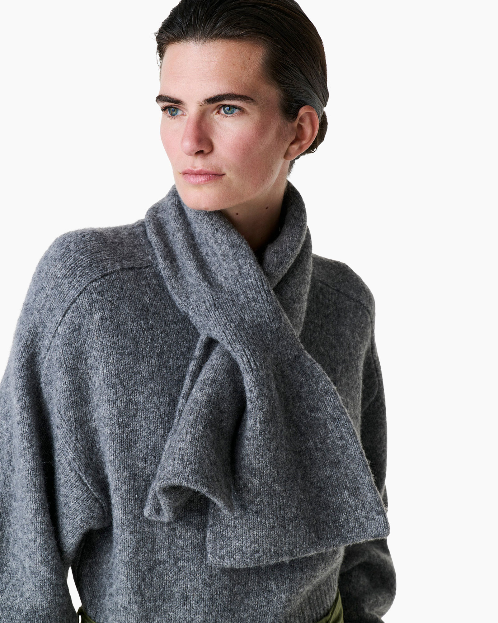 knit sweater, gray, scarf detail, soft fabric, loose fit