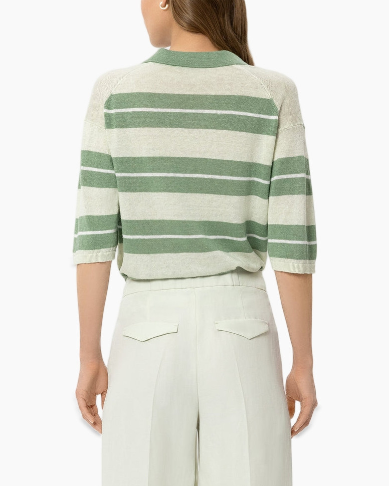striped polo, green stripes, short sleeves, collared top, pullover knit