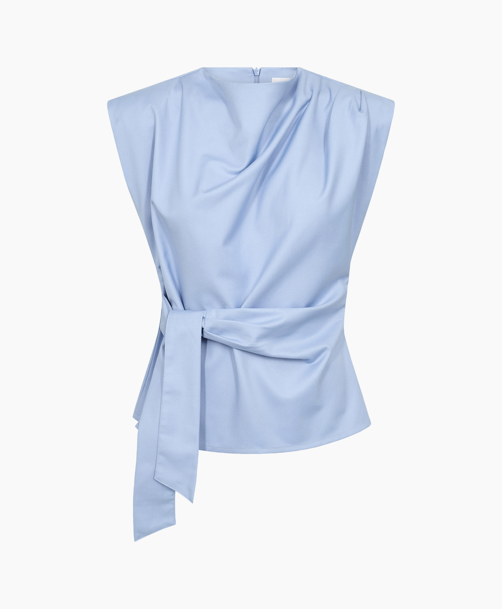 top, blouse, sleeveless, wrap, light blue