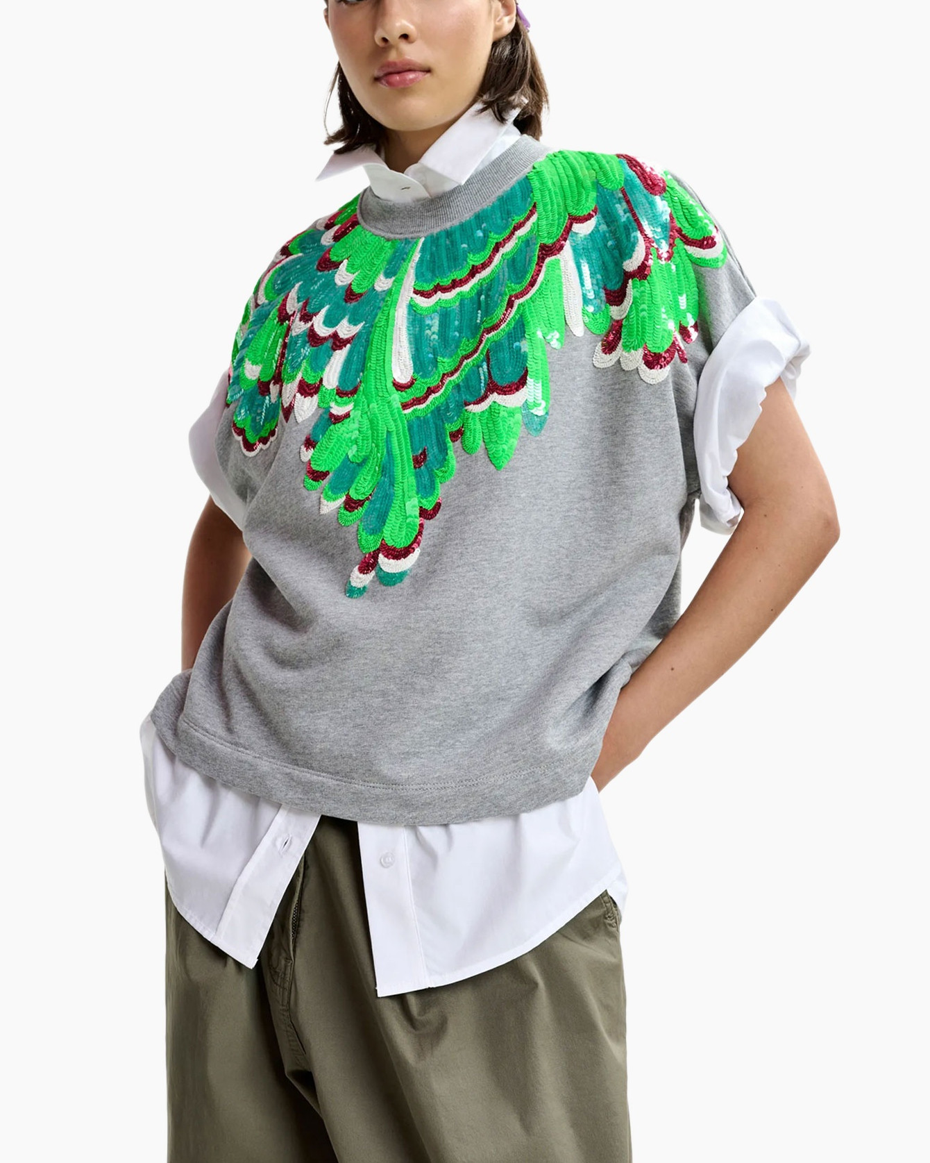 Sweatshirt, Graphic, Gray, Embroidered, Short-sleeve