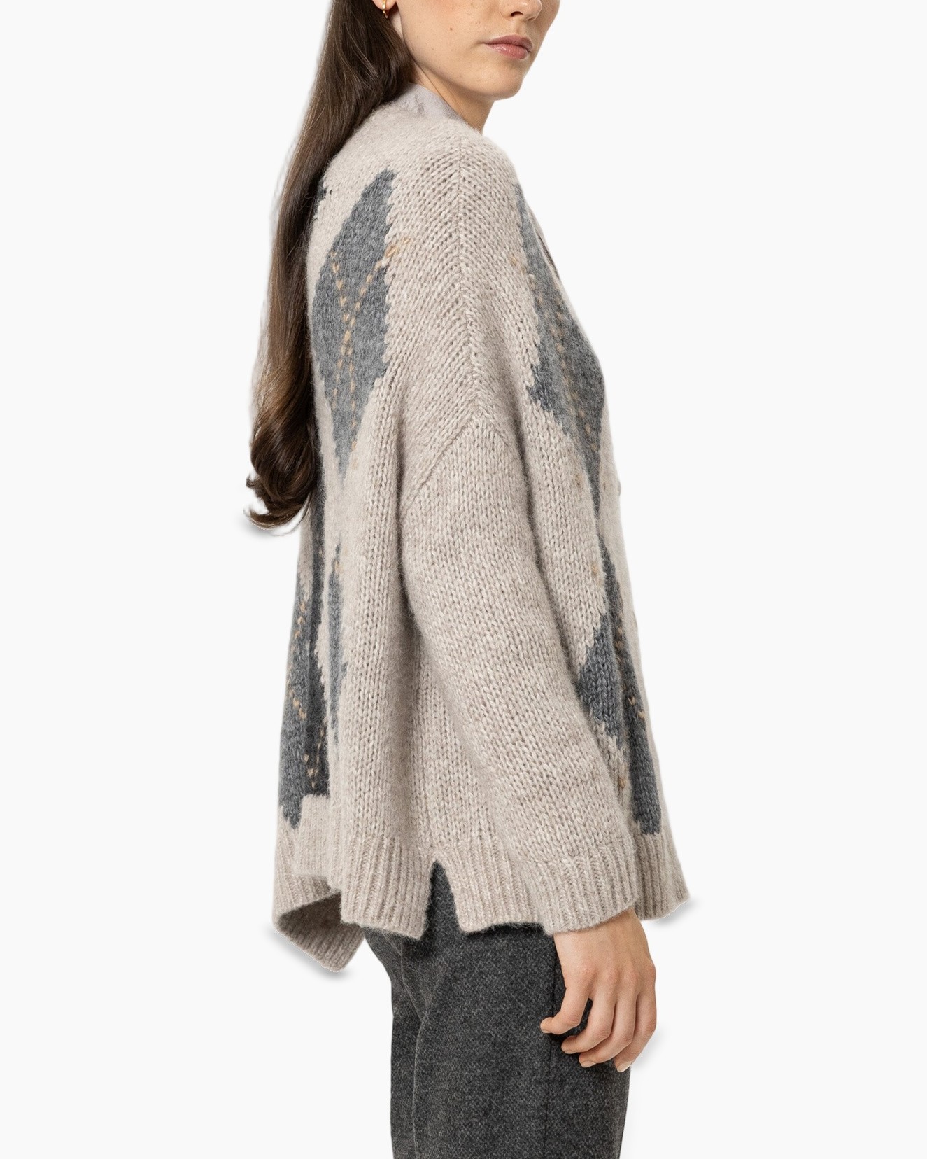 cardigan, argyle, knit, beige, open-front