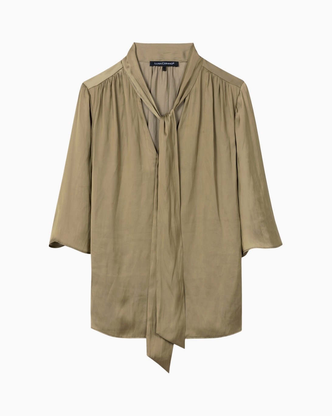 blouse, tie-neck, long-sleeve, khaki, soft-satin