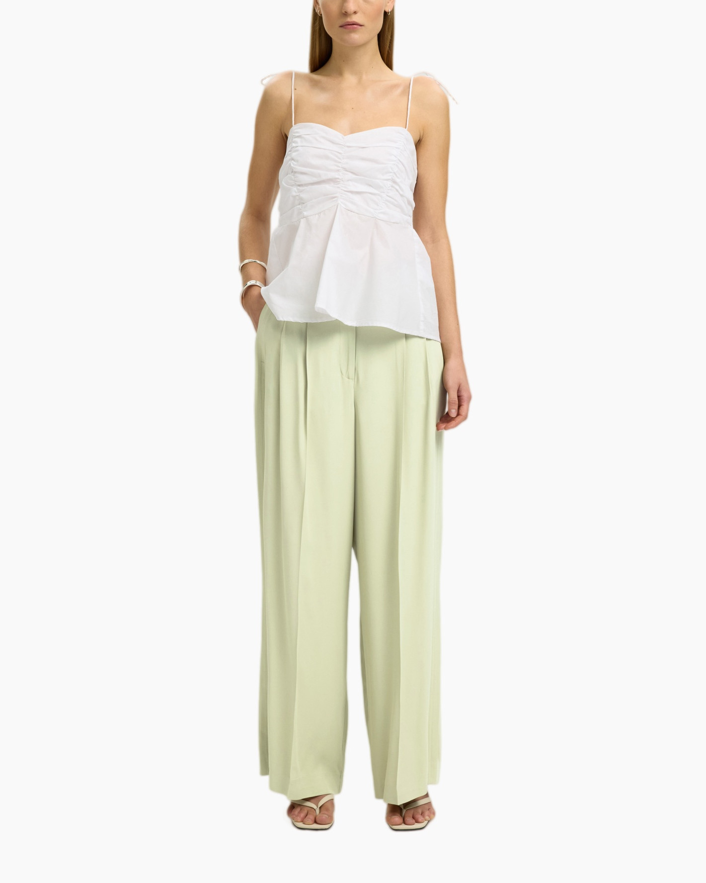 white top, ruched top, spaghetti straps, peplum, wide leg pants