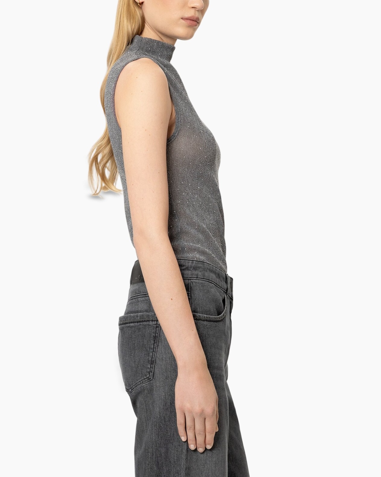 turtleneck, sparkly top, grey sleeveless, knit top, women's top