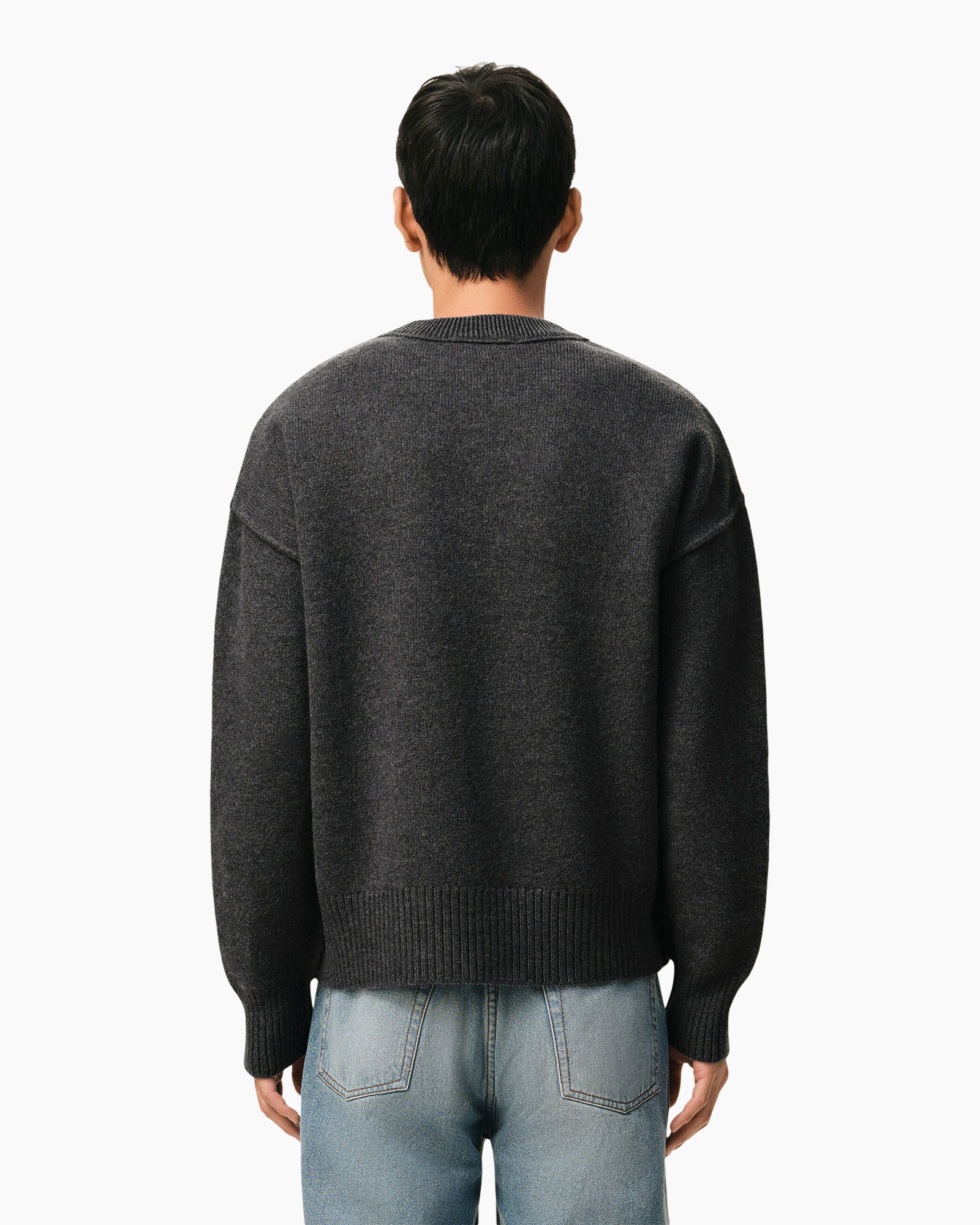 sweater, knitwear, dark gray, ribbed hem, crew neck