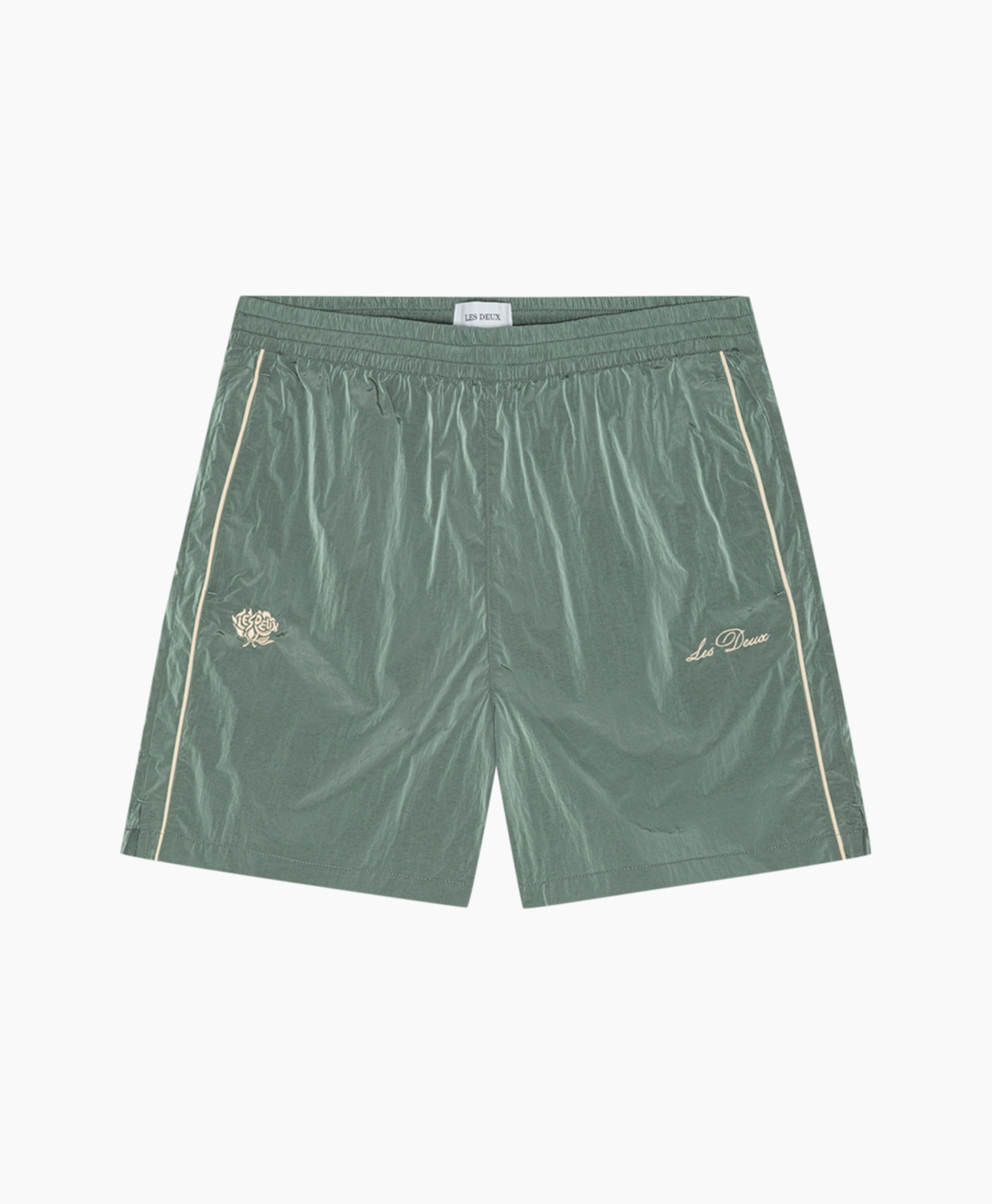 shorts, green, drawstring?, elastic waistband, pocketless?