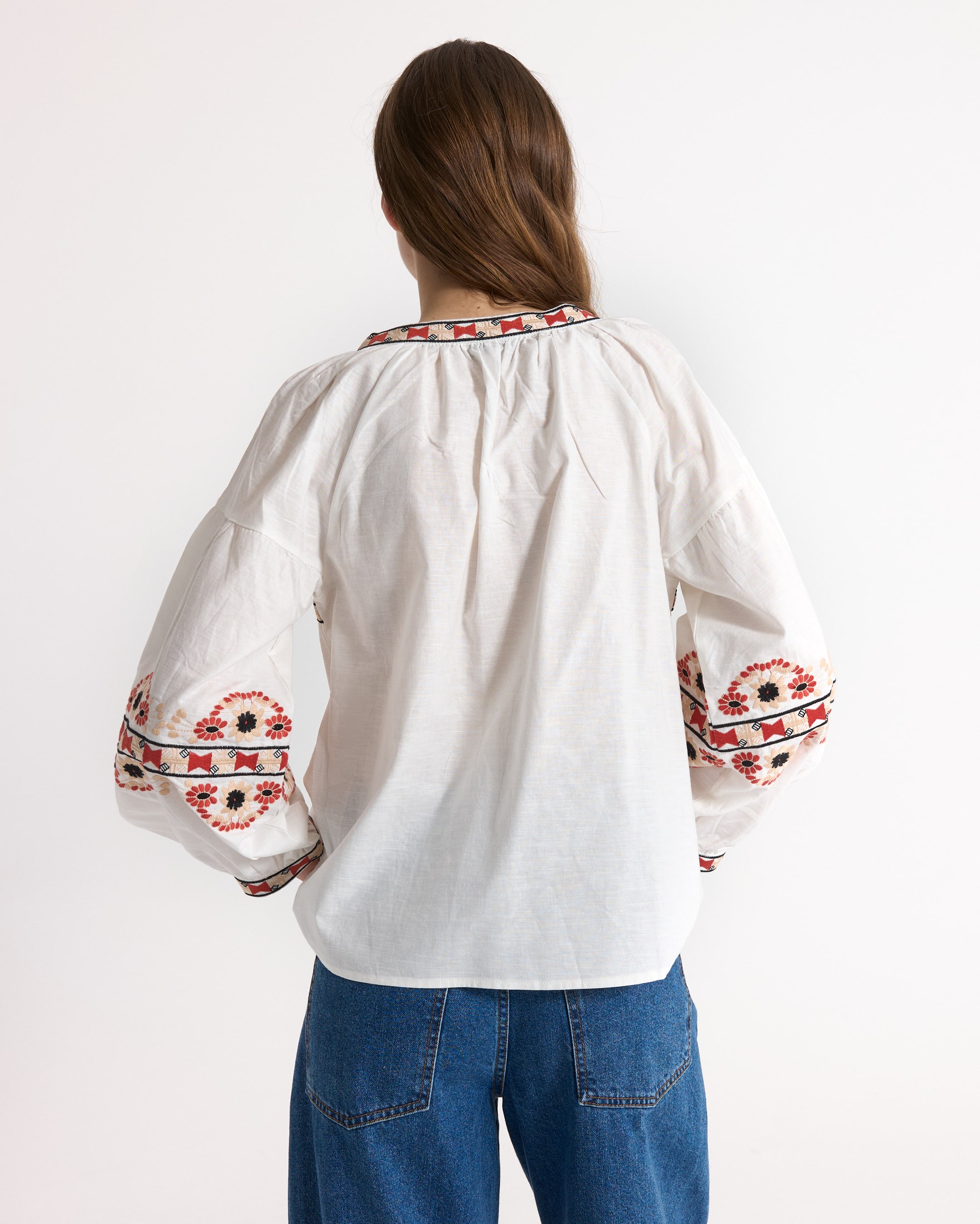 blouse, embroidered, loose fit, white, long-sleeve