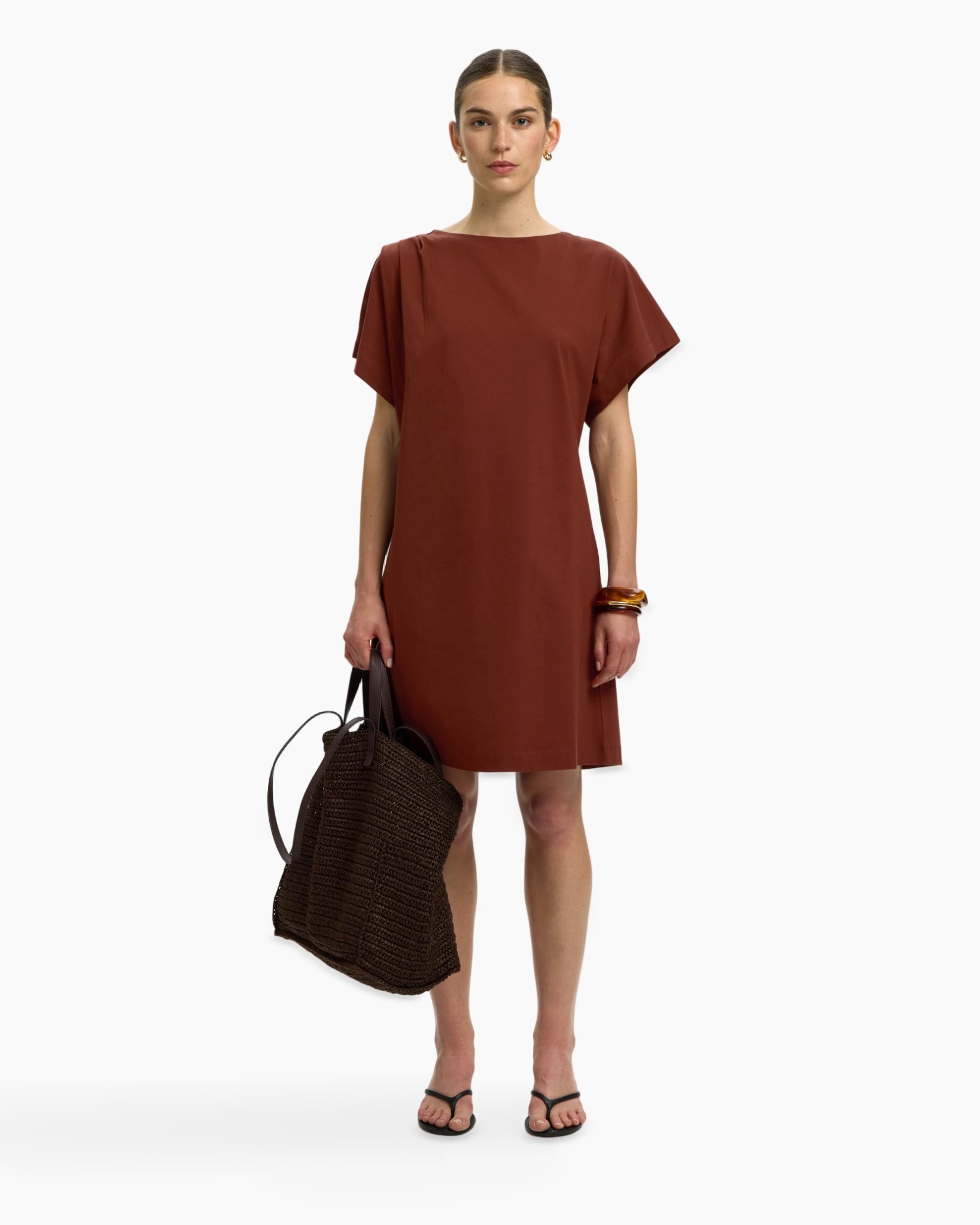 dress, short sleeve, rust, shift dress, linen look?