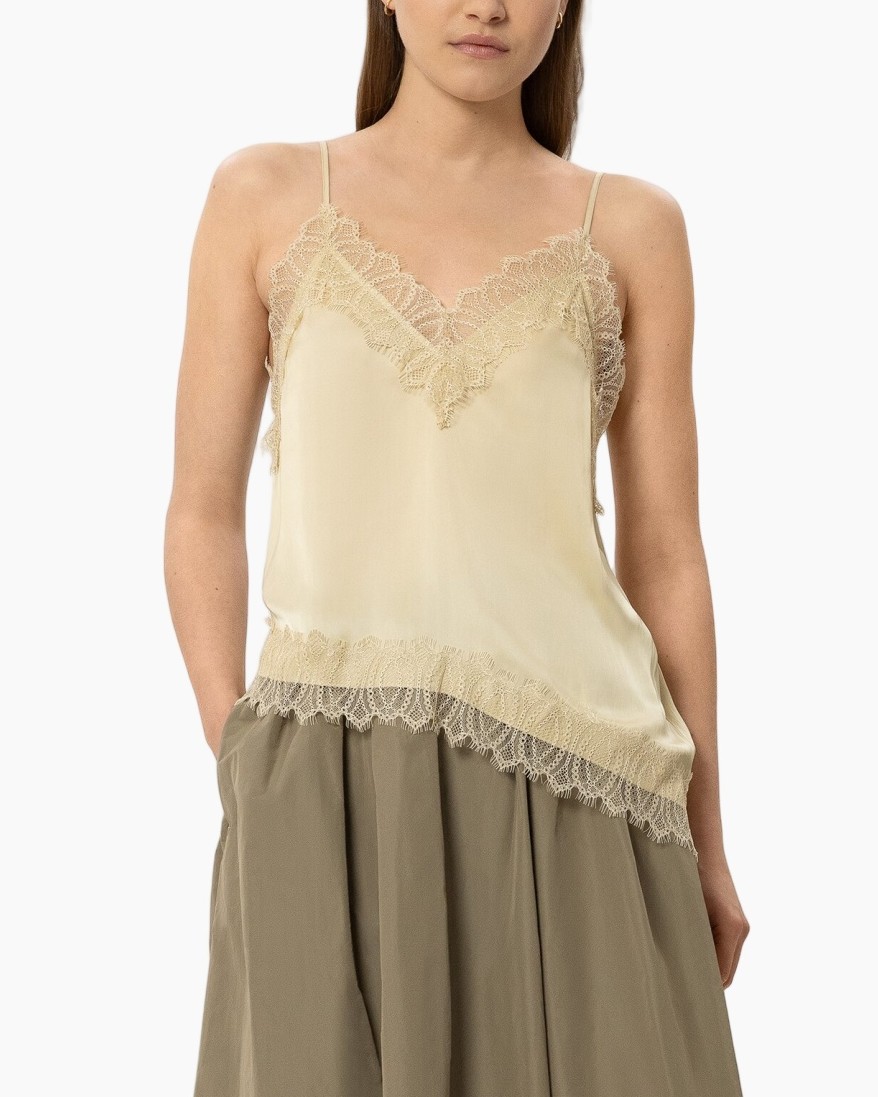 silk top, lace trim, spaghetti straps, cream color, v-neck