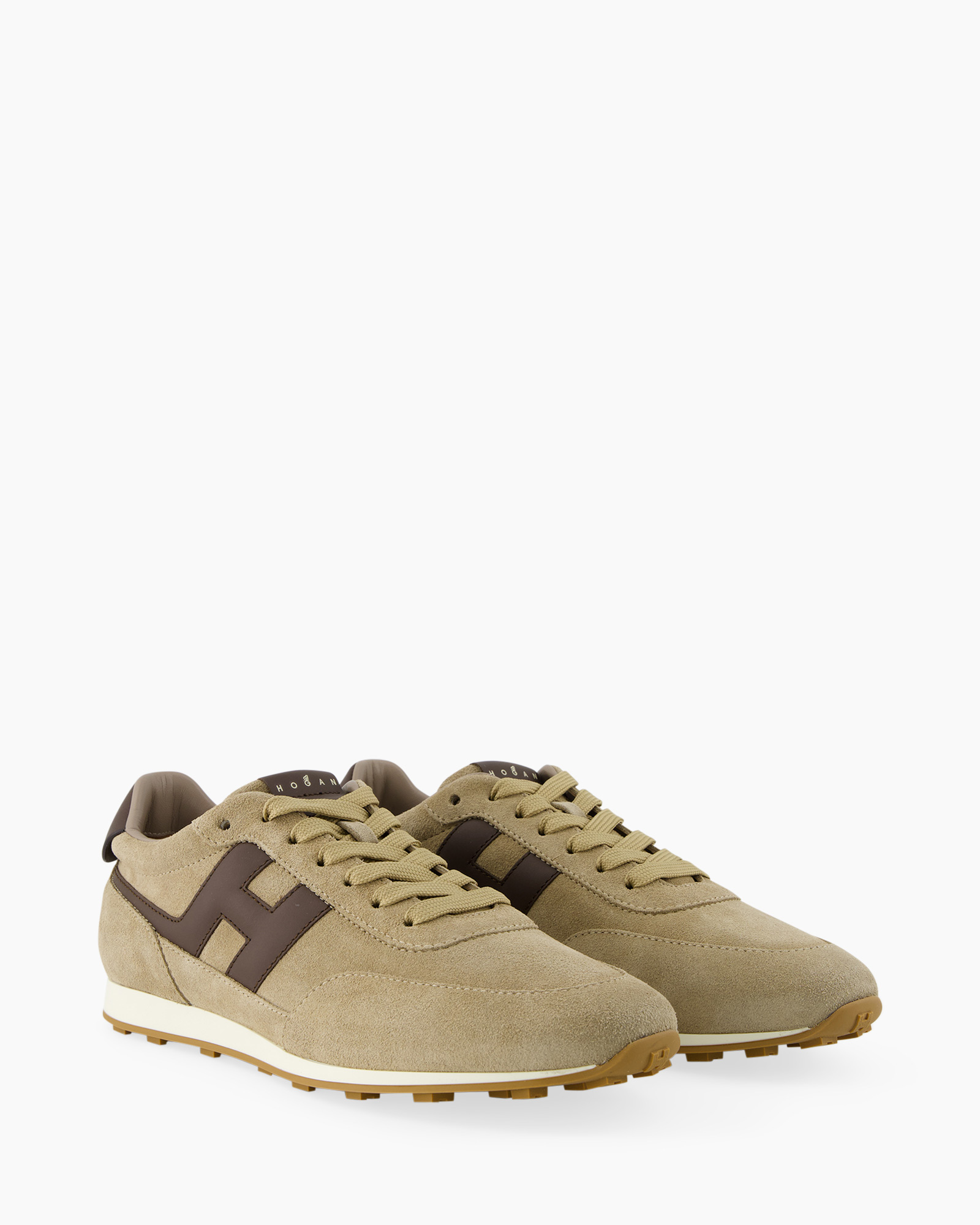 sneakers, athletic shoes, beige suede, brown stripe, grooved sole