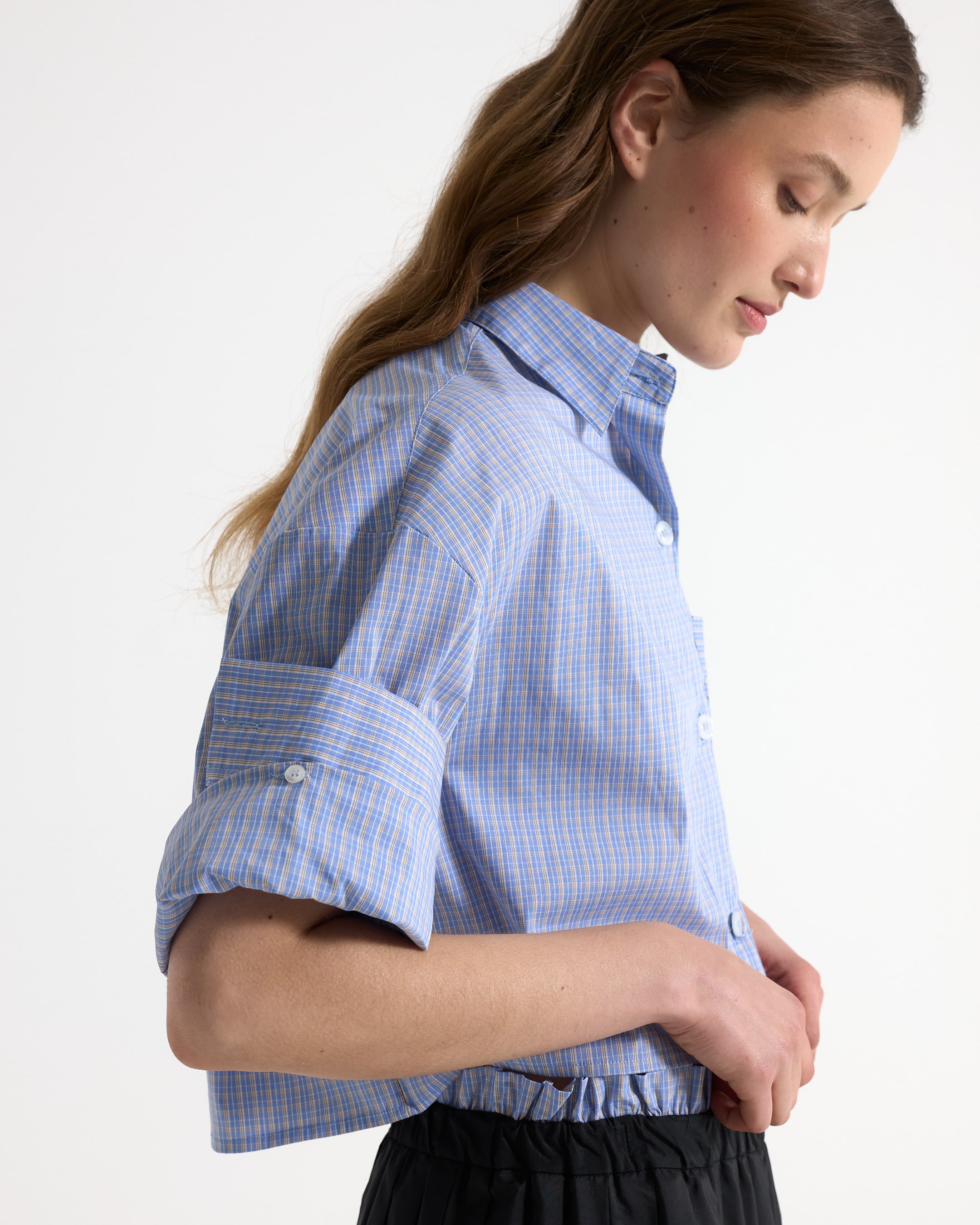 shirt, blue plaid, button-up, collar, rolled sleeves