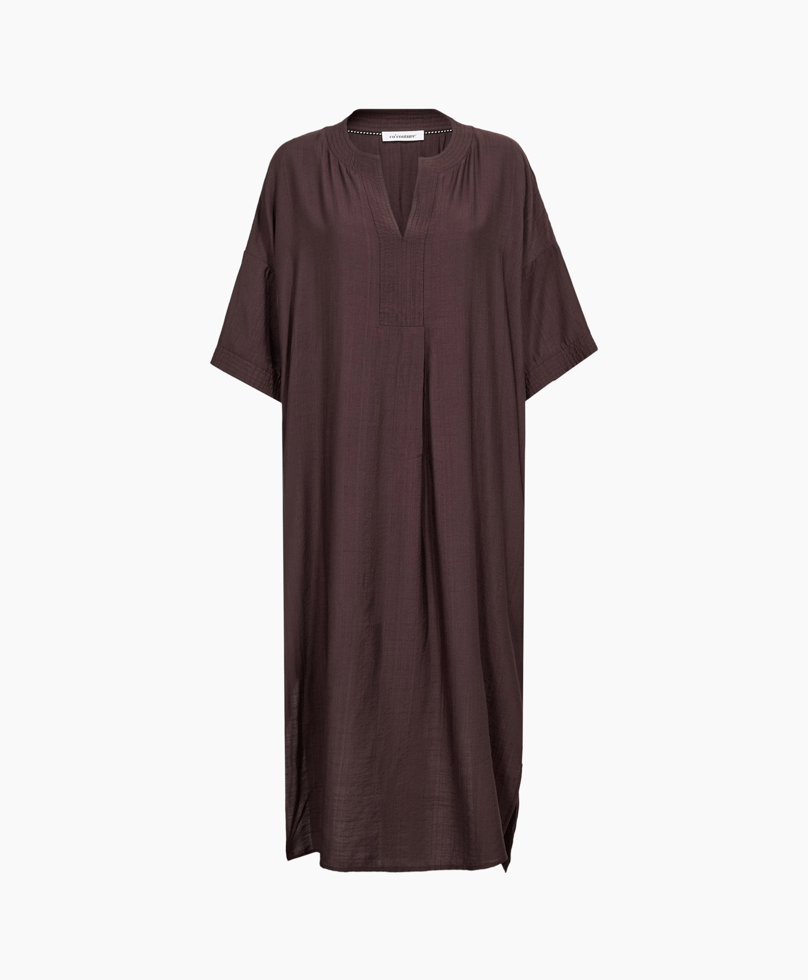 long dress, linen, brown, loose fit, sleeveless? wait: it has short sleeves