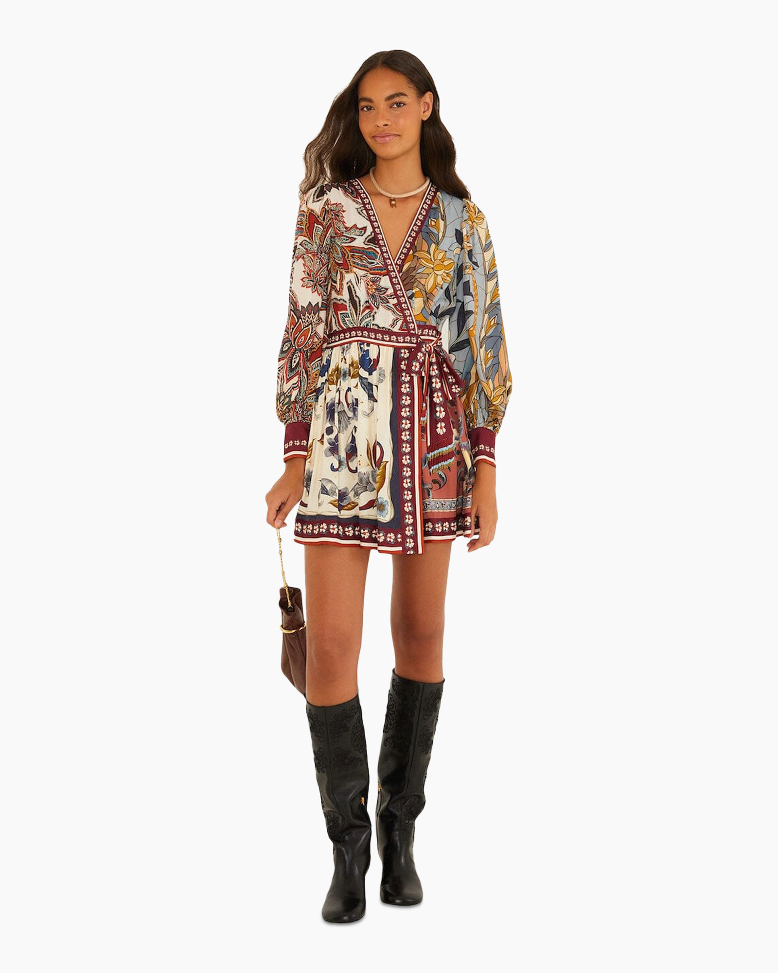 boho dress, wrap dress, floral print, long sleeve, mini dress
