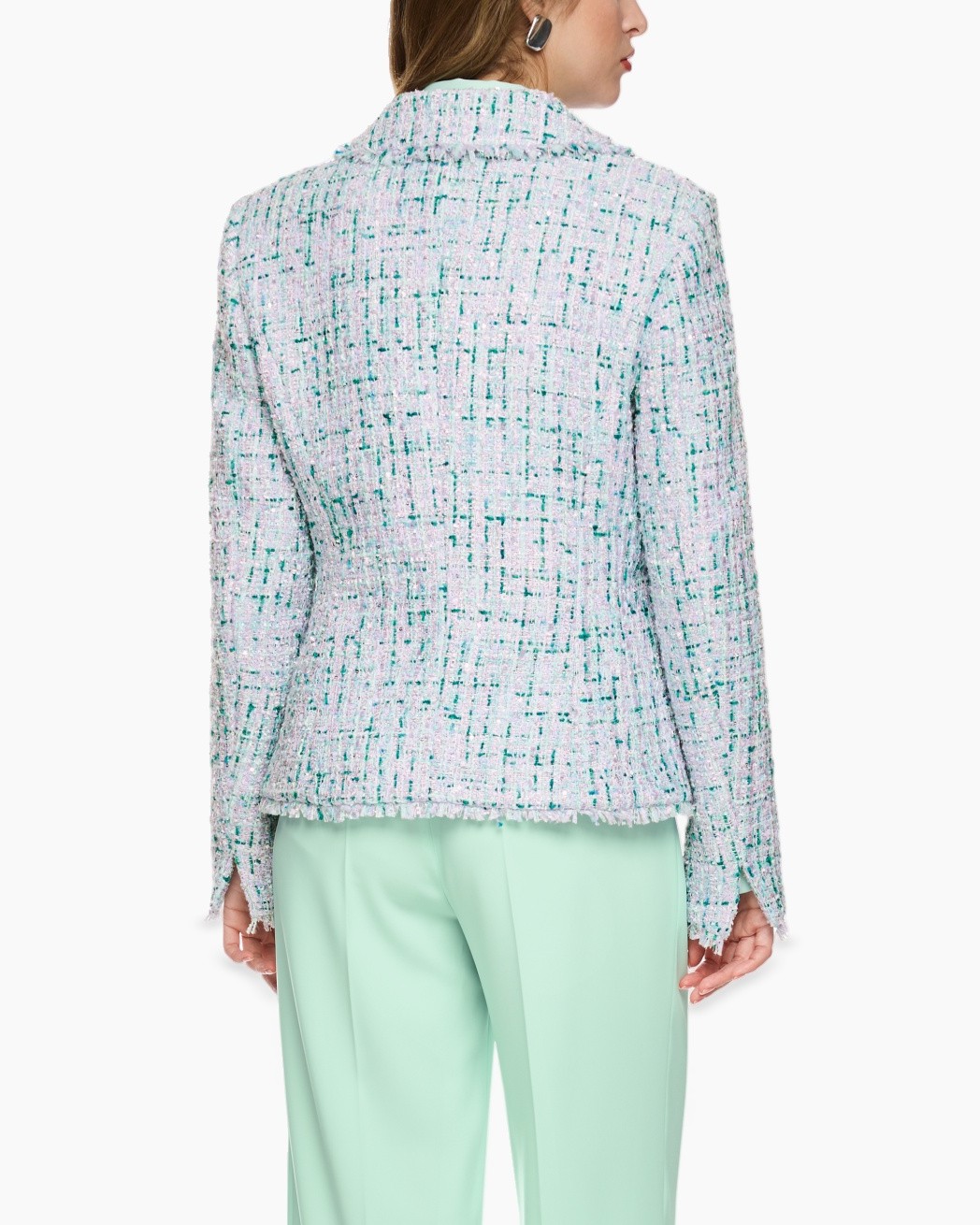 tweed jacket, textured fabric, mint green, frayed hem, long sleeves