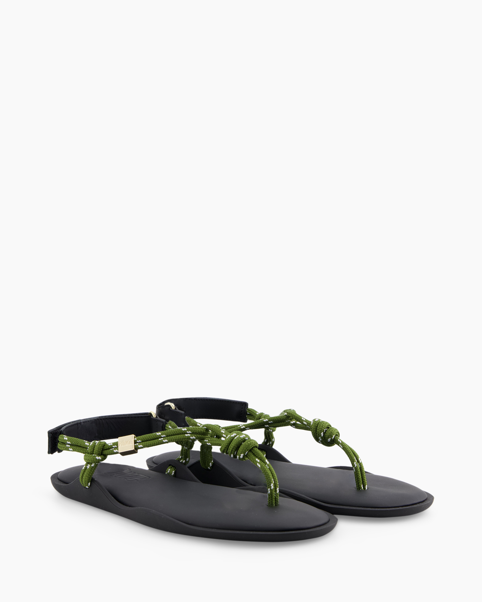 sandals, flat sandals, green straps, toe-ring, knotted straps