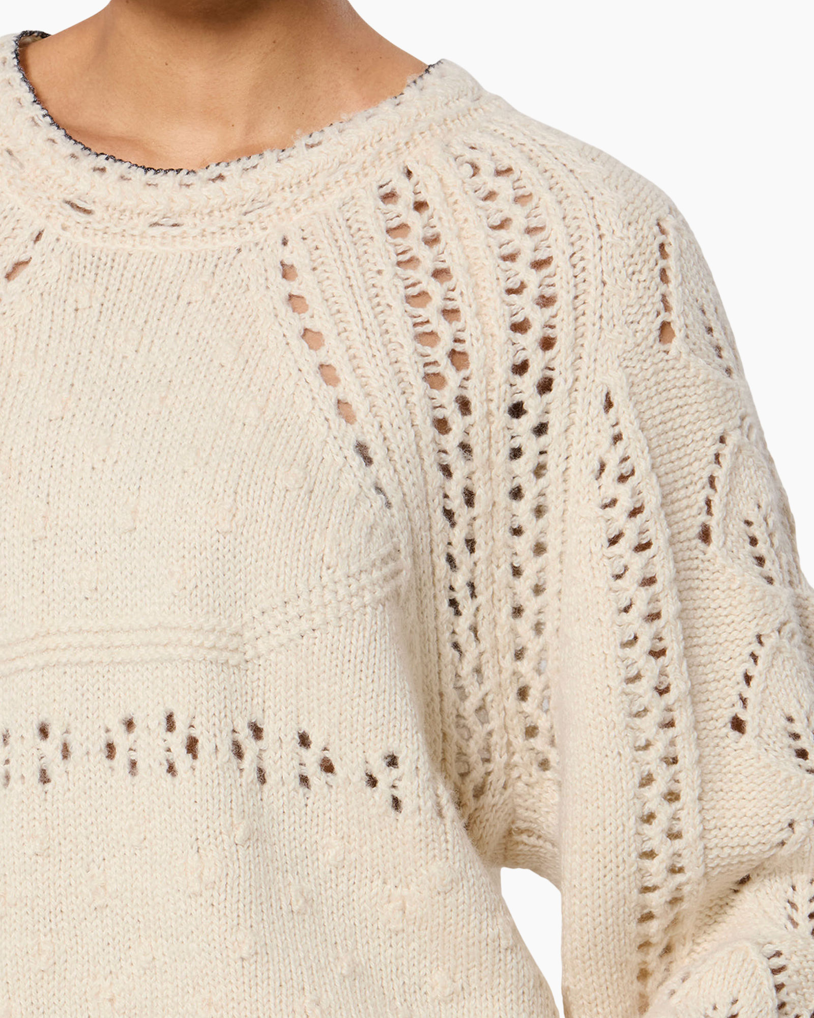 knitted sweater, cream color, open knit, crew neck, oversized