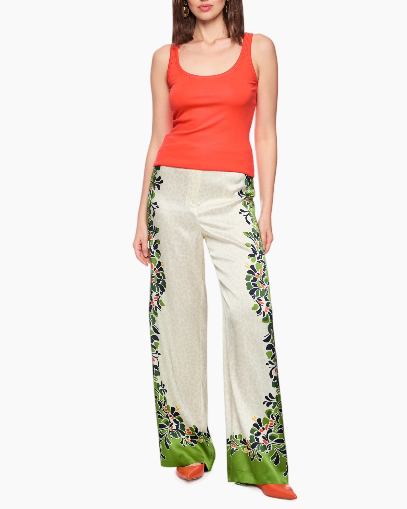 tank top, orange, wide-leg pants, embellished cuffs, floral border