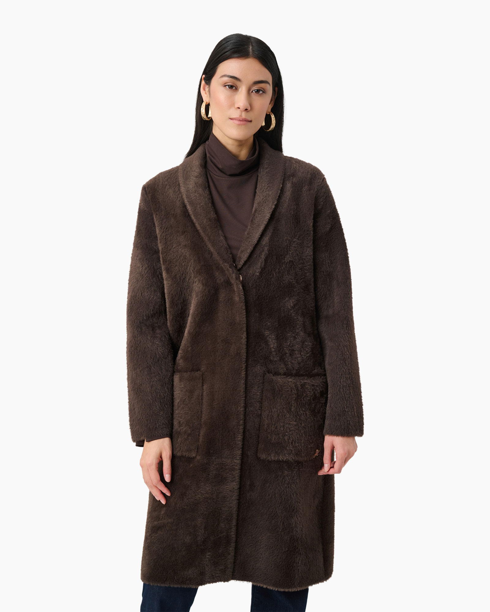 fur coat, brown coat, long coat, patch pockets, collared