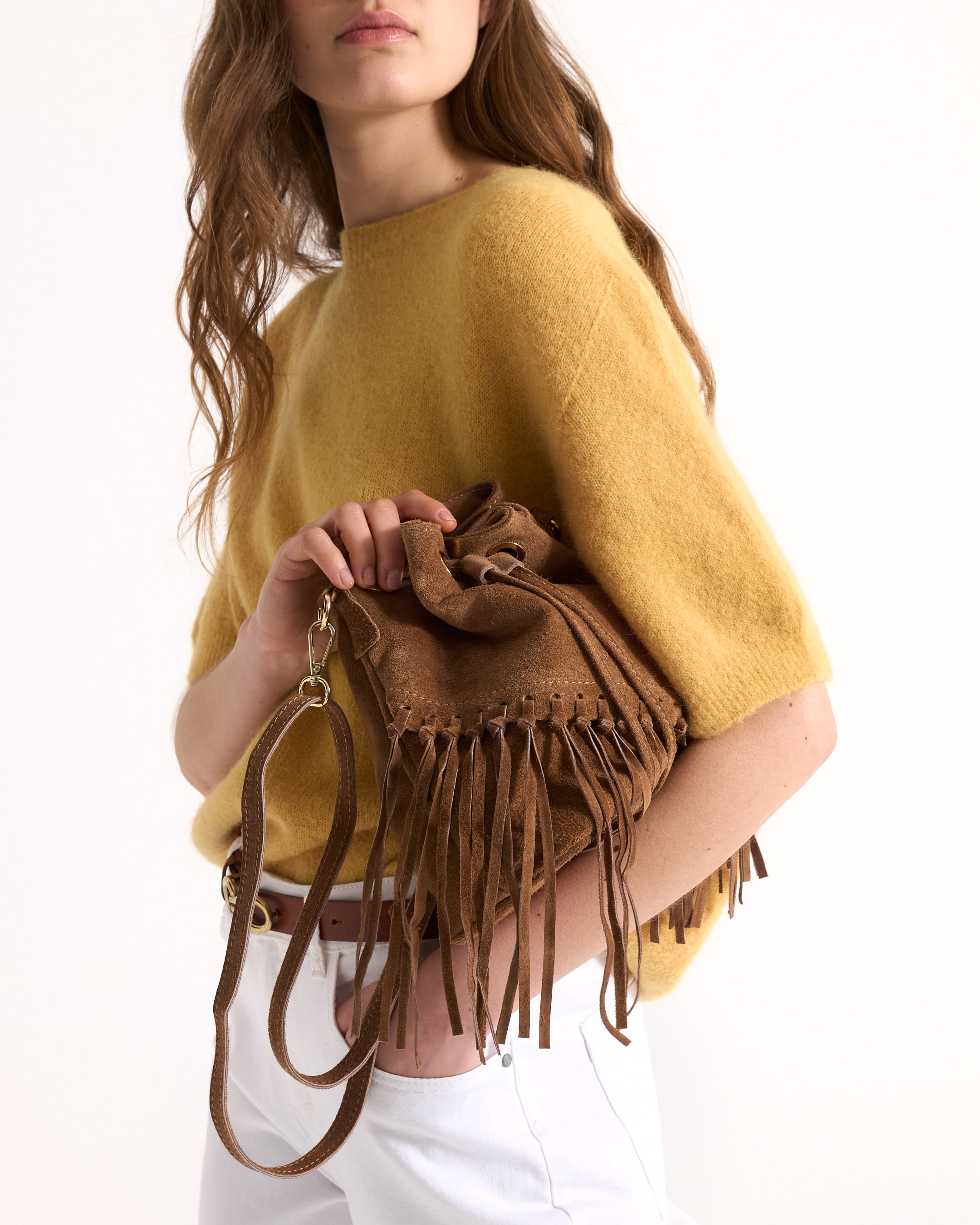handbag, fringe, brown, suede, shoulder bag