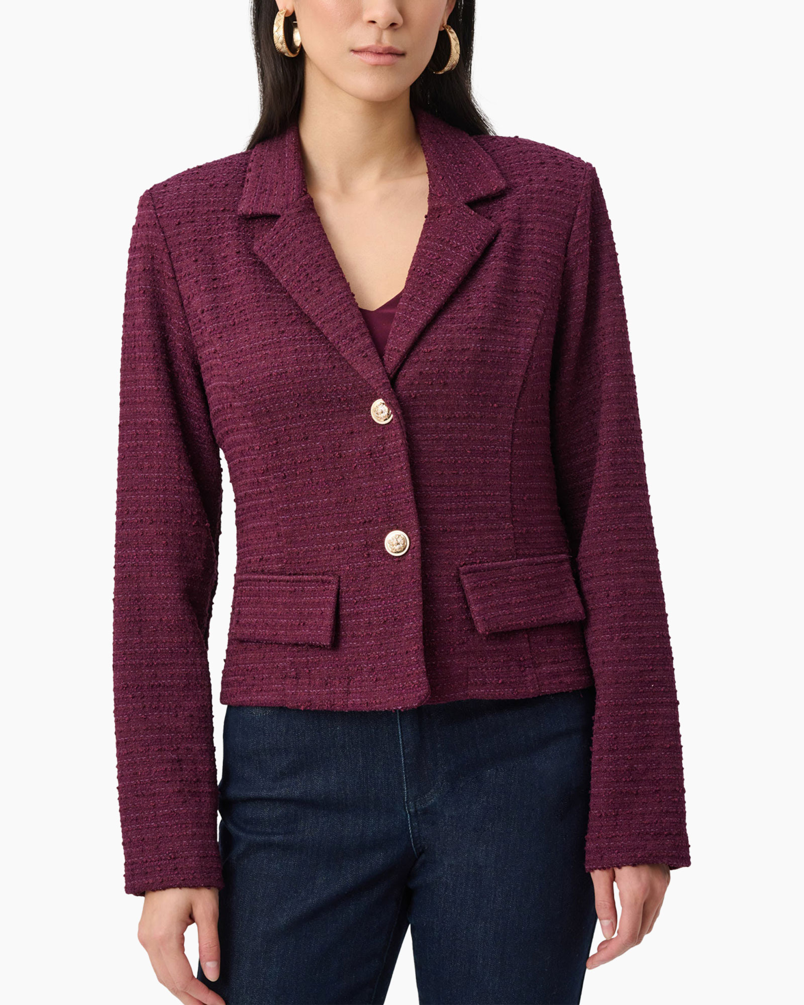 blazer, jacket, tweed, burgundy, gold buttons