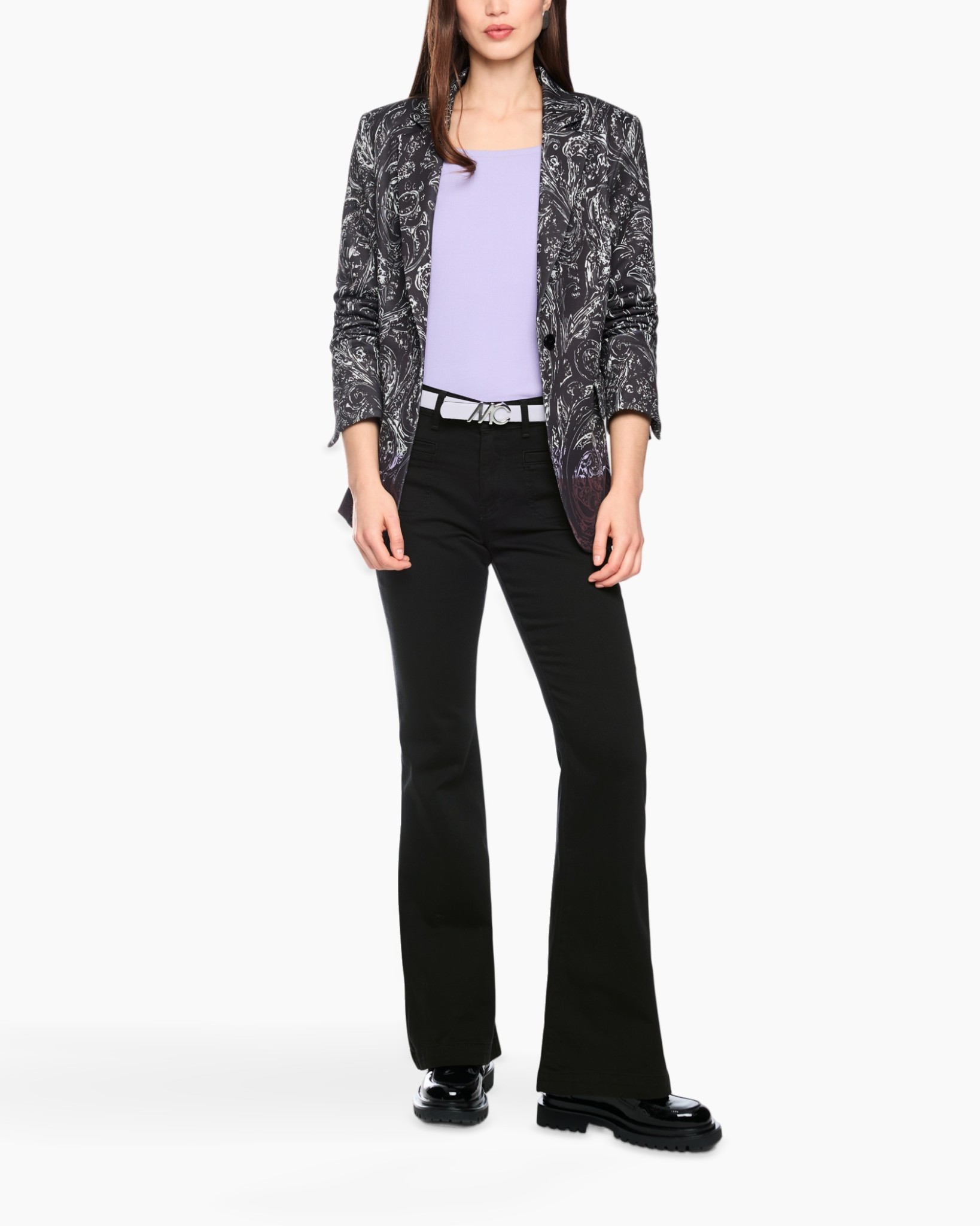 blazer, print blazer, pants, black pants, purple top