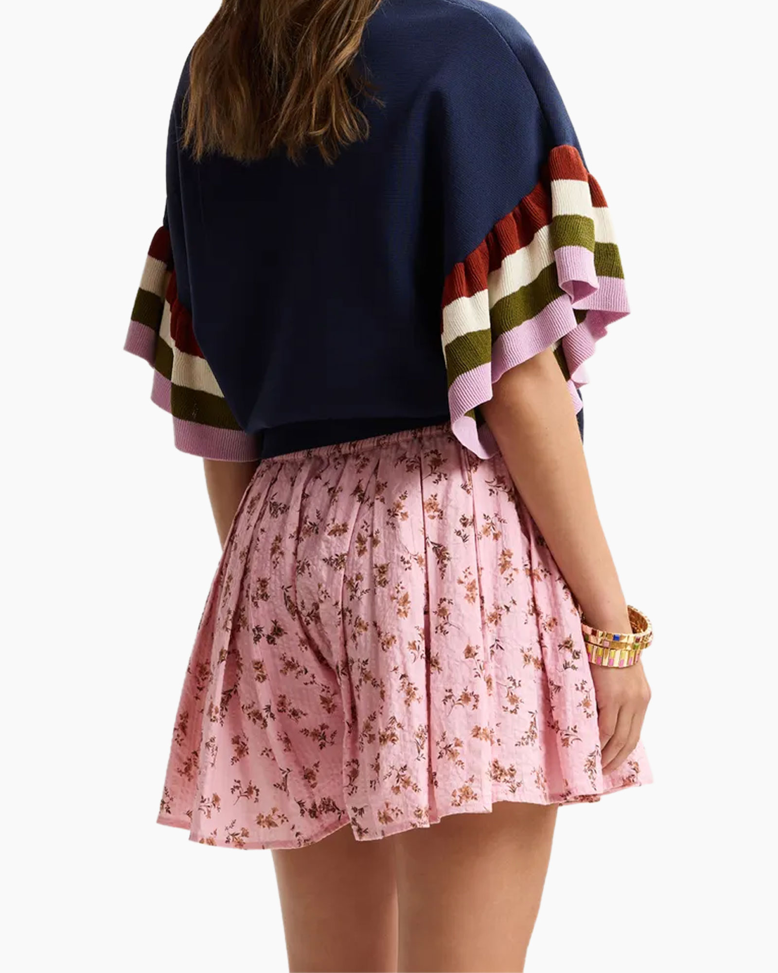 top, sleeve, knit, navy, pink floral skirt