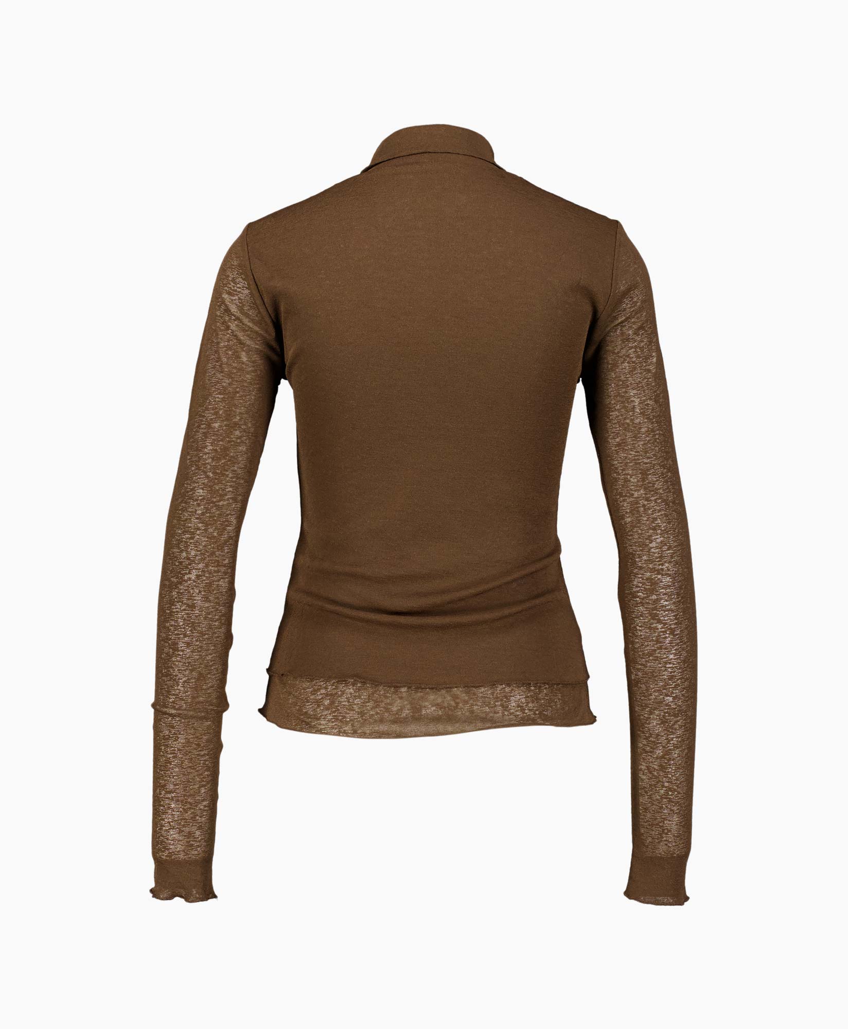 brown top, long sleeves, sheer sleeves, crew neck, fitted top