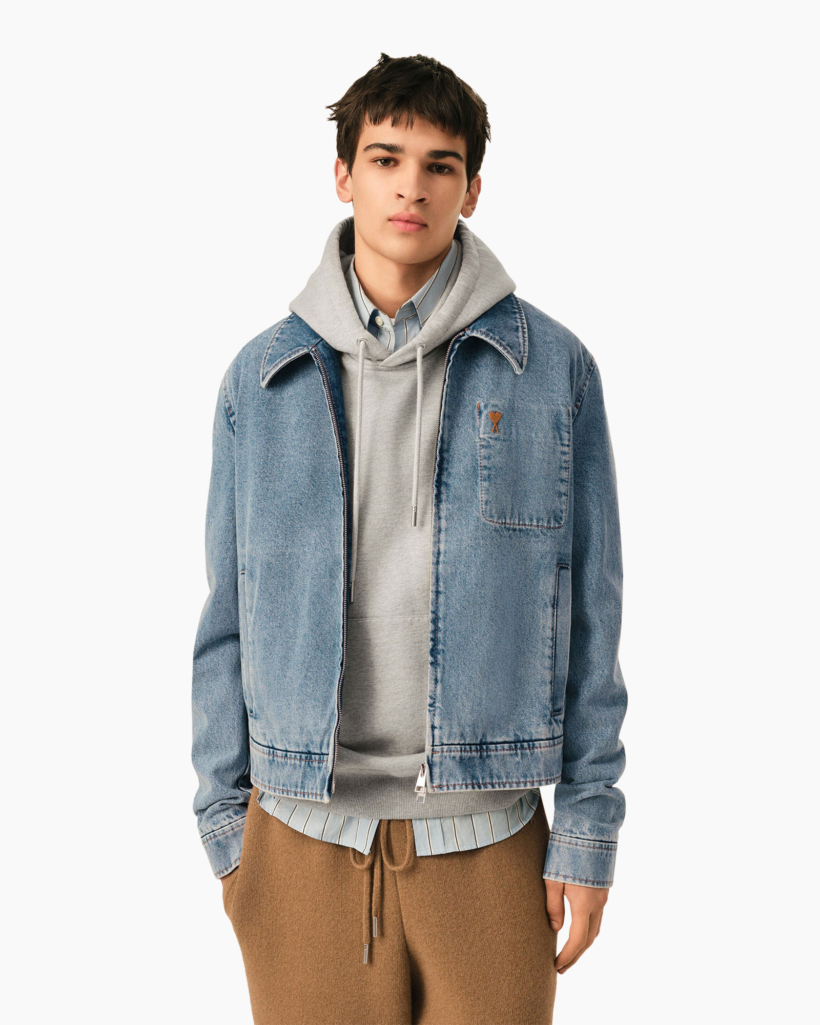 denim jacket, jeans jacket, blue jacket, light denim, front pocket emblem