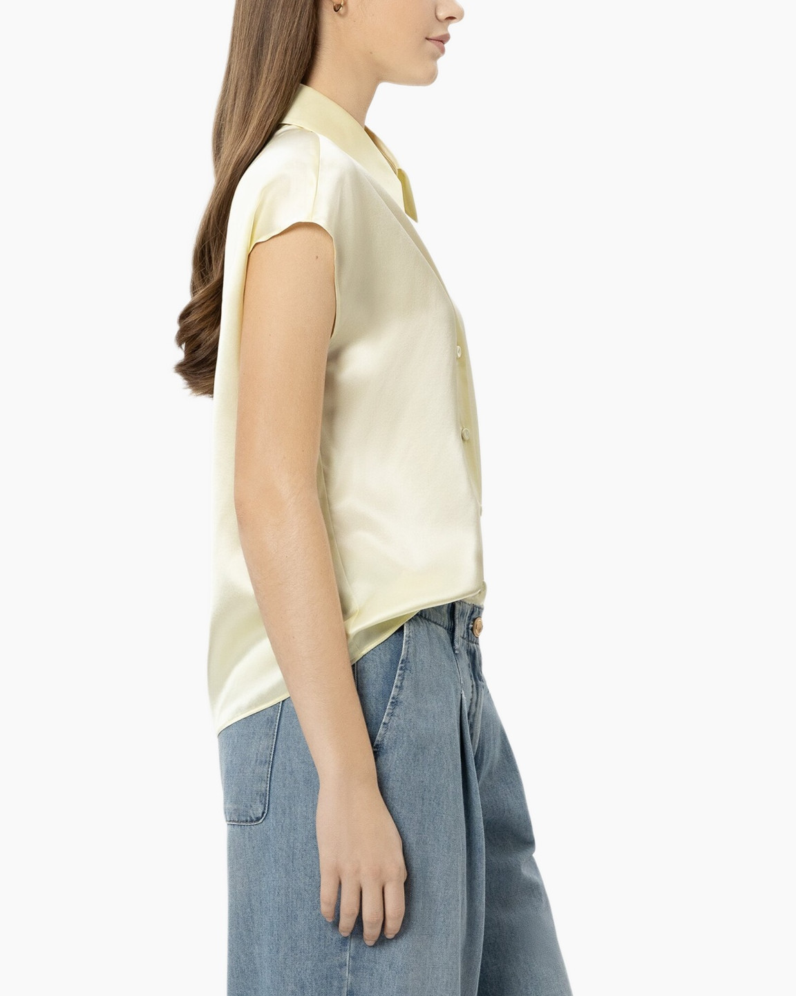 blouse, powder yellow, short sleeves, collared, silky fabric