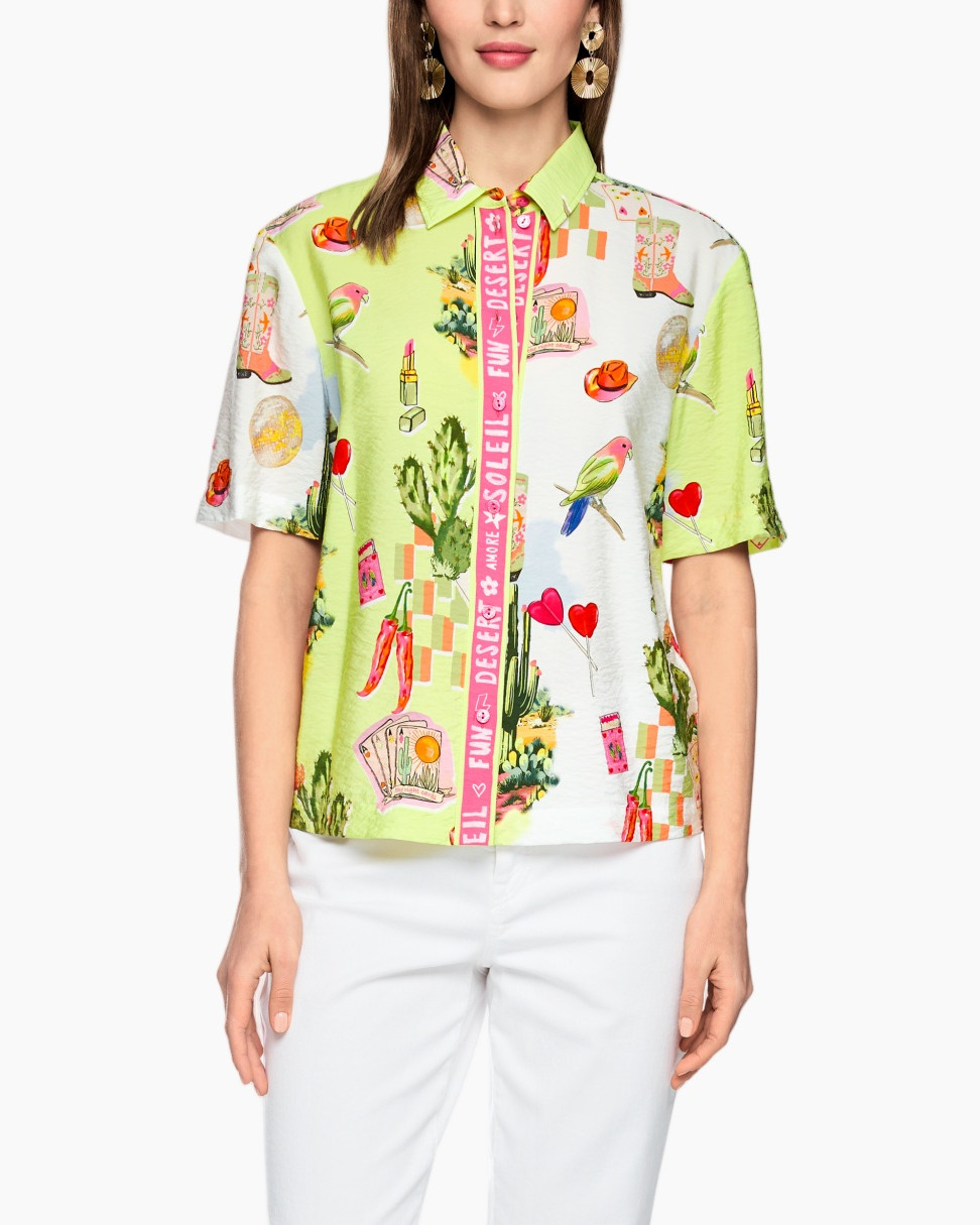 short-sleeve shirt, graphic print, collared top, bright green, casual blouse