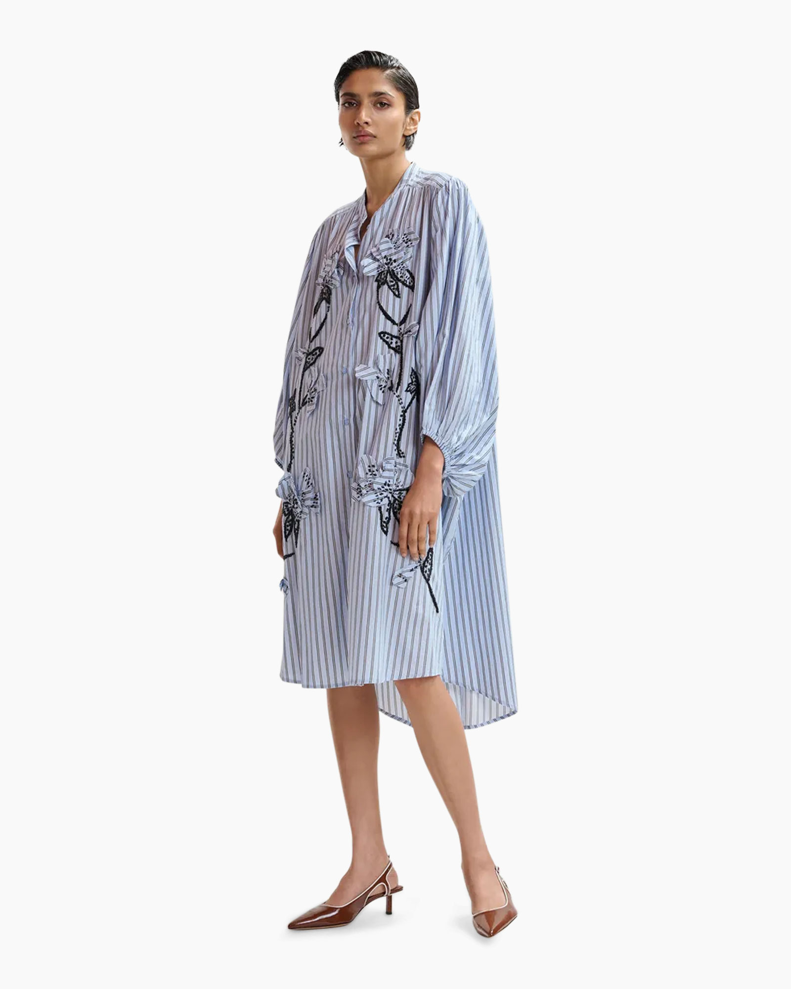 dress, shift, blue, stripes, embroidery
