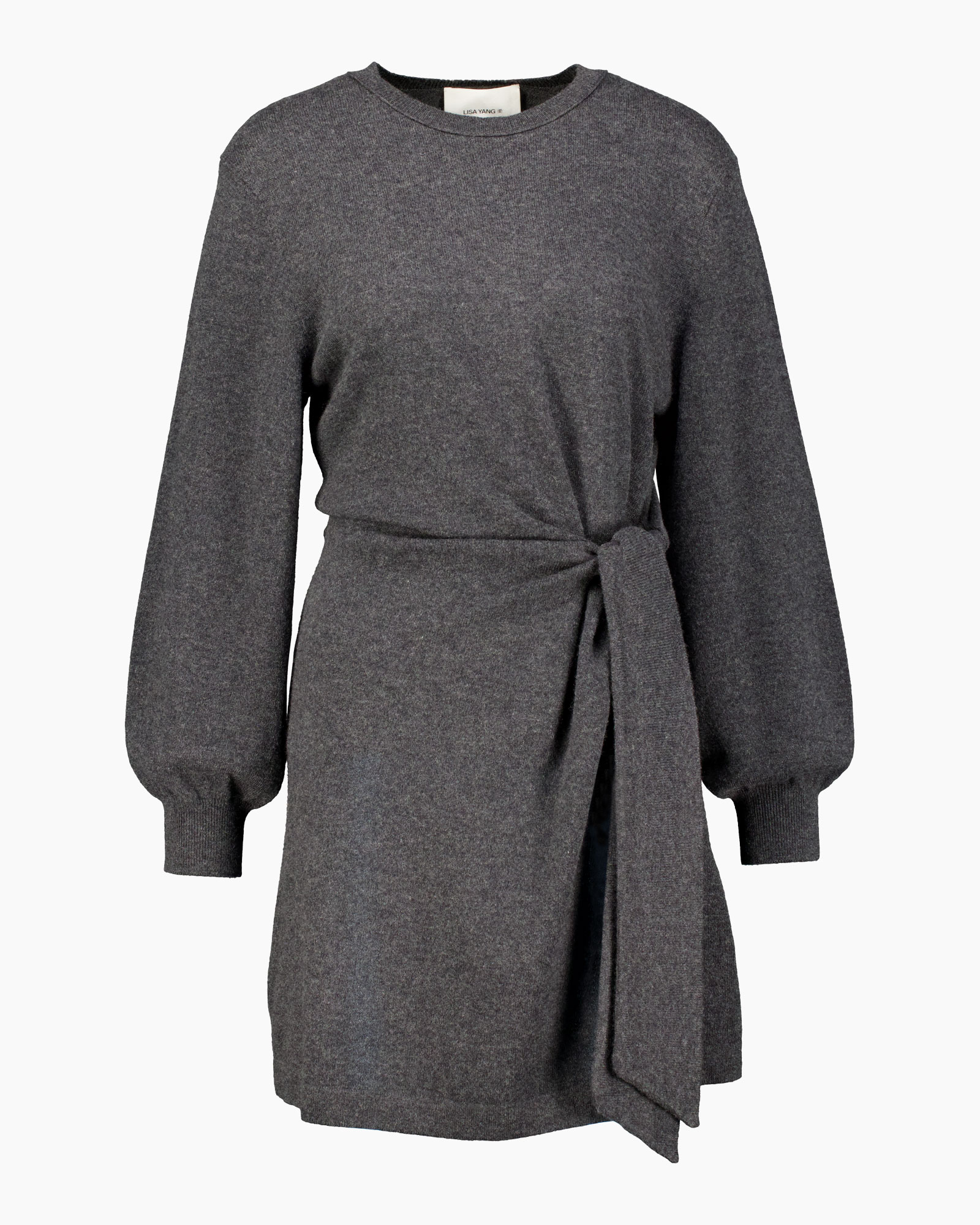 knit dress, long sleeve, belted, gray, tunic