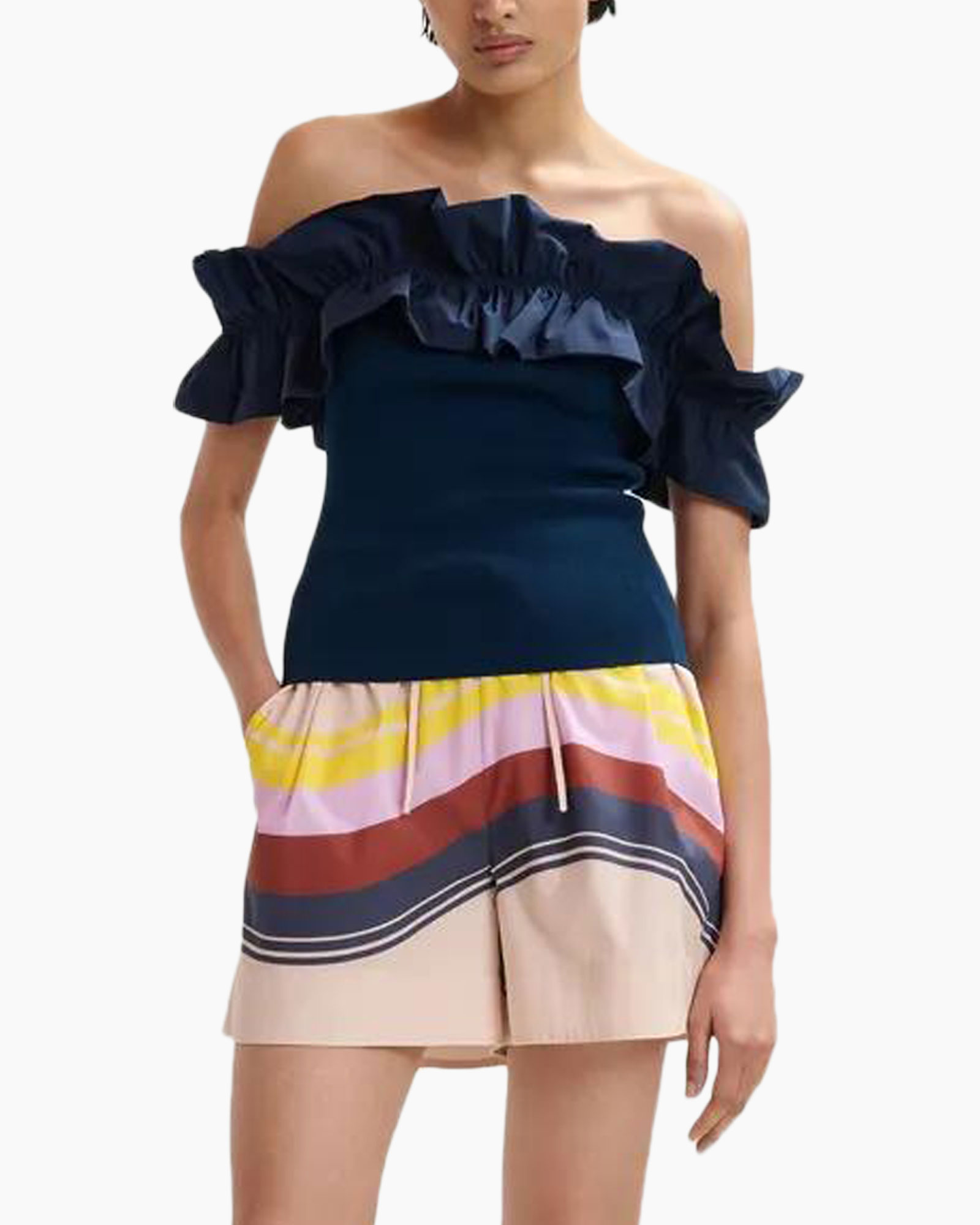off-shoulder, ruffled, top, navy, shorts, colorful-skirt