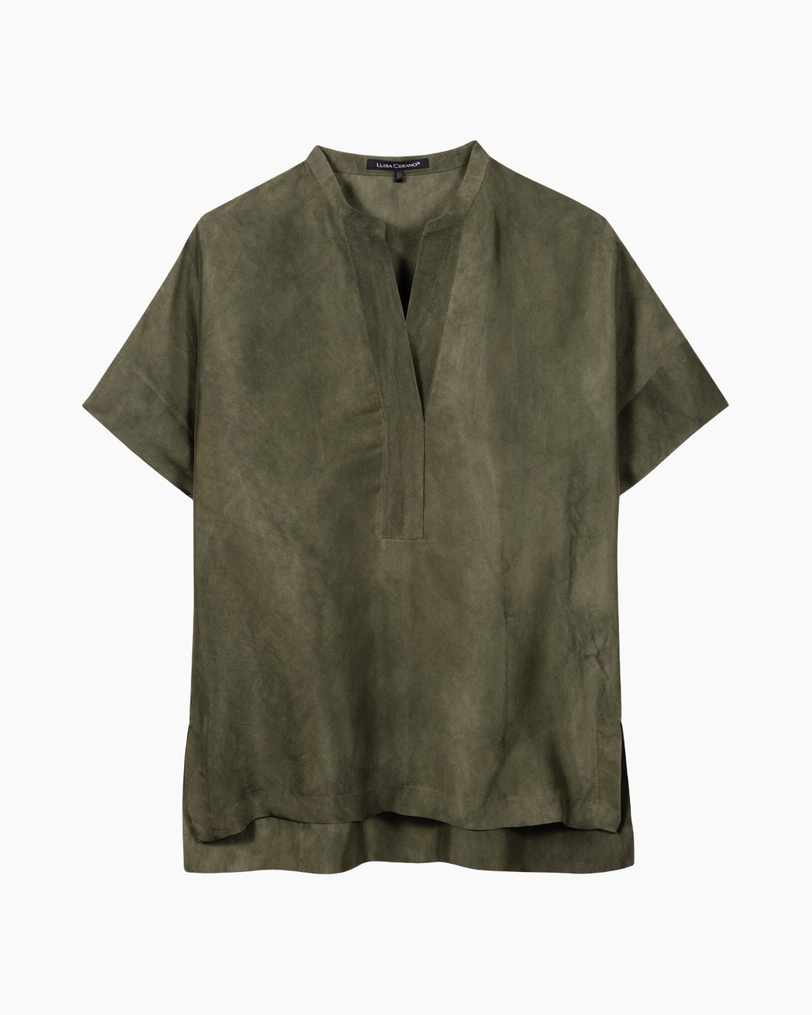 top, short-sleeve, linen-like, olive, plaid? not visible
