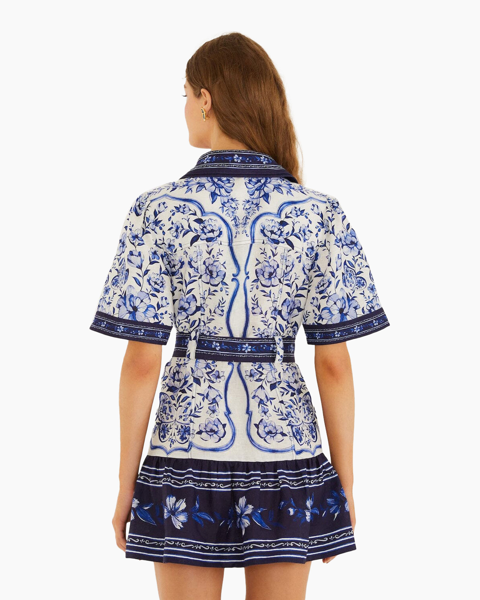 dress, short sleeve, belted, floral print, blue and white