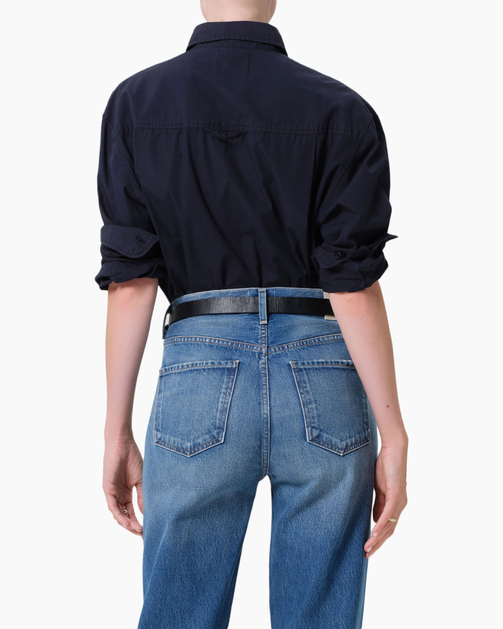 shirt, long sleeves, navy, collared, tuckin belt