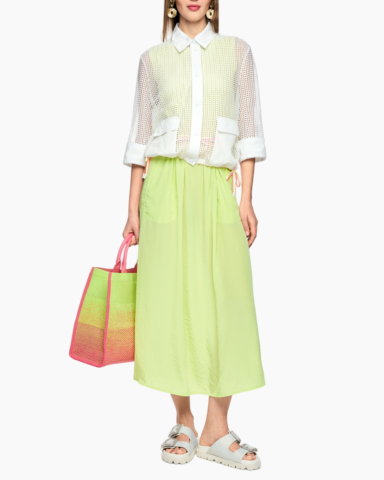 linen?, mesh top, collared shirt, neon green skirt, tote bag