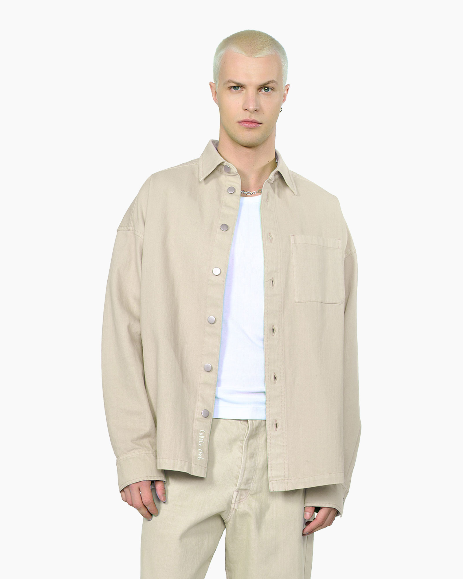beige jacket, oversized jacket, button front, collared shirt, long sleeve