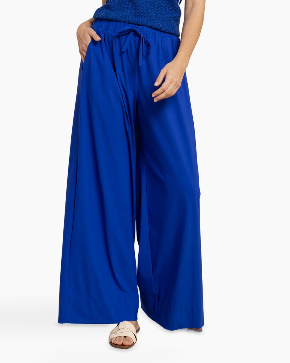 wide-leg pants, palazzo pants, elastic waist, drawstring, royal blue