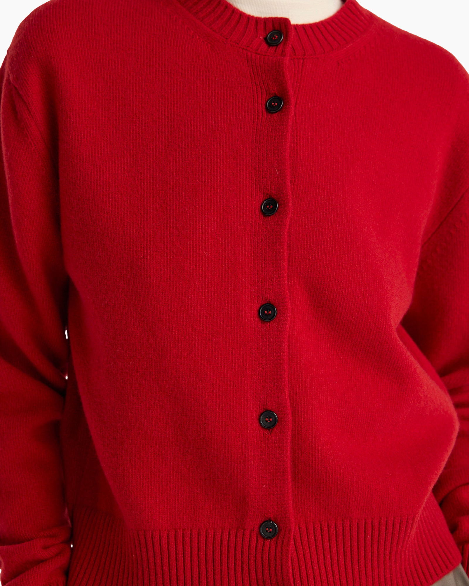 cardigan, buttoned, knit, red, crewneck