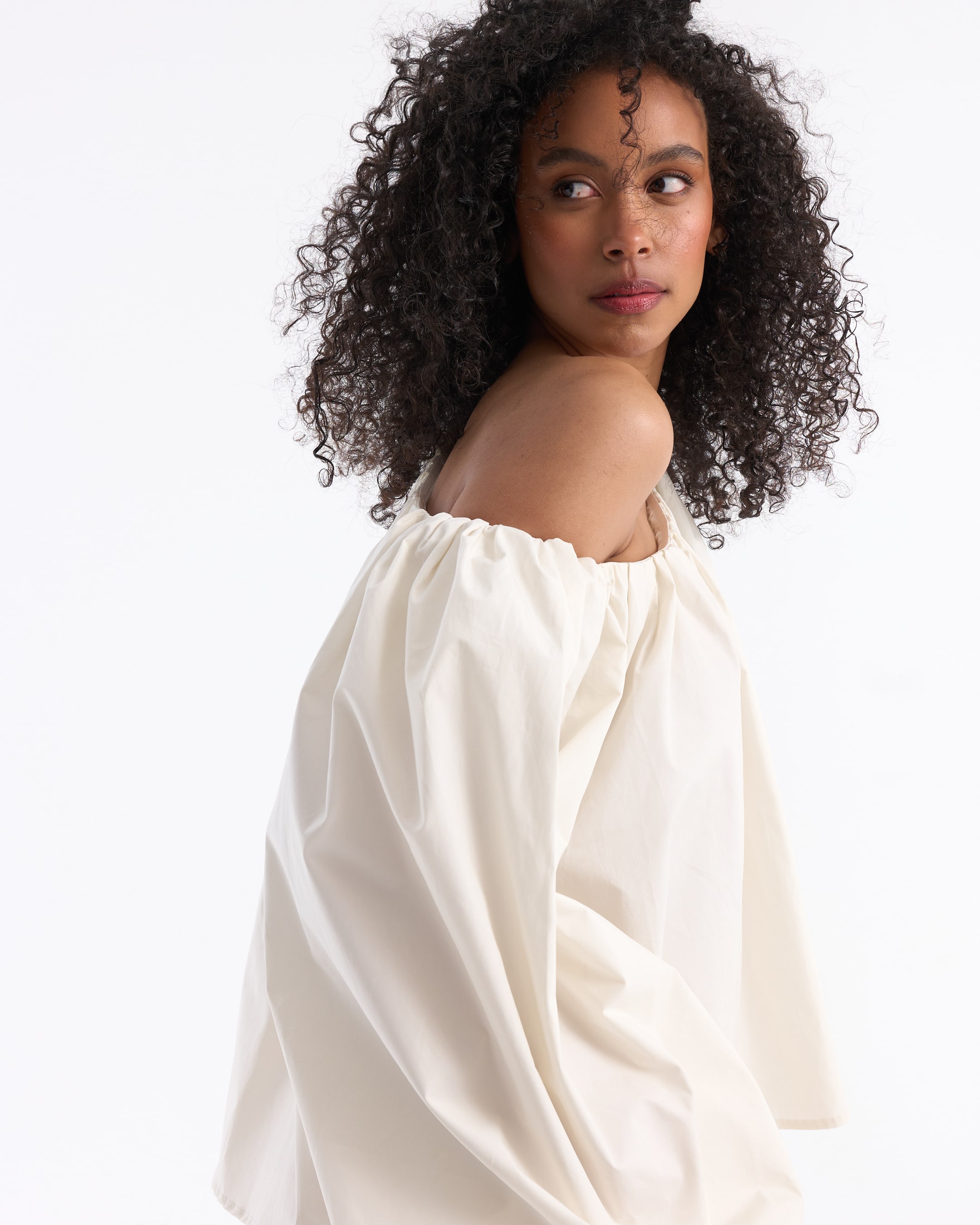 offshoulder top, blouse, cream, puff sleeve, loose fit